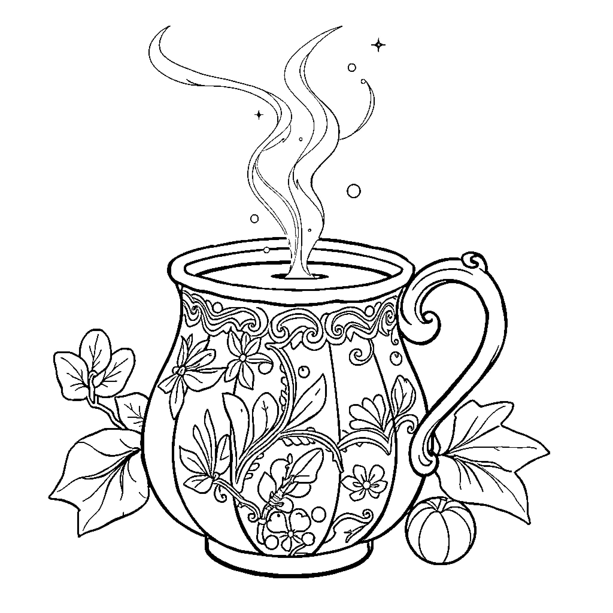 Teapot with floral designs and steam Coloring Page (free black-and-white line drawing printable PDF for all, from beginners to advanced learners, including children, teens, adults, and seniors)