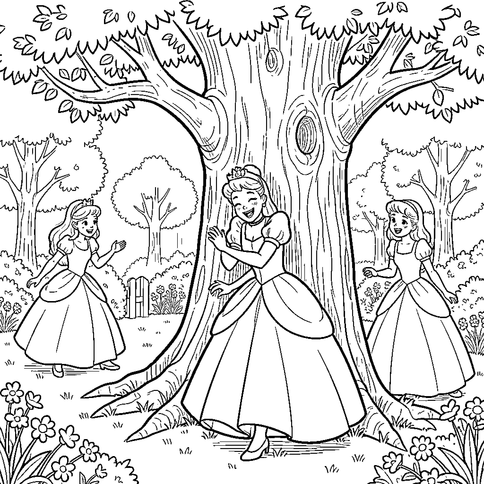 Cinderella dancing happily in a forest setting Coloring Page (free black-and-white line drawing printable PDF for all, from beginners to advanced learners, including children, teens, adults, and seniors)