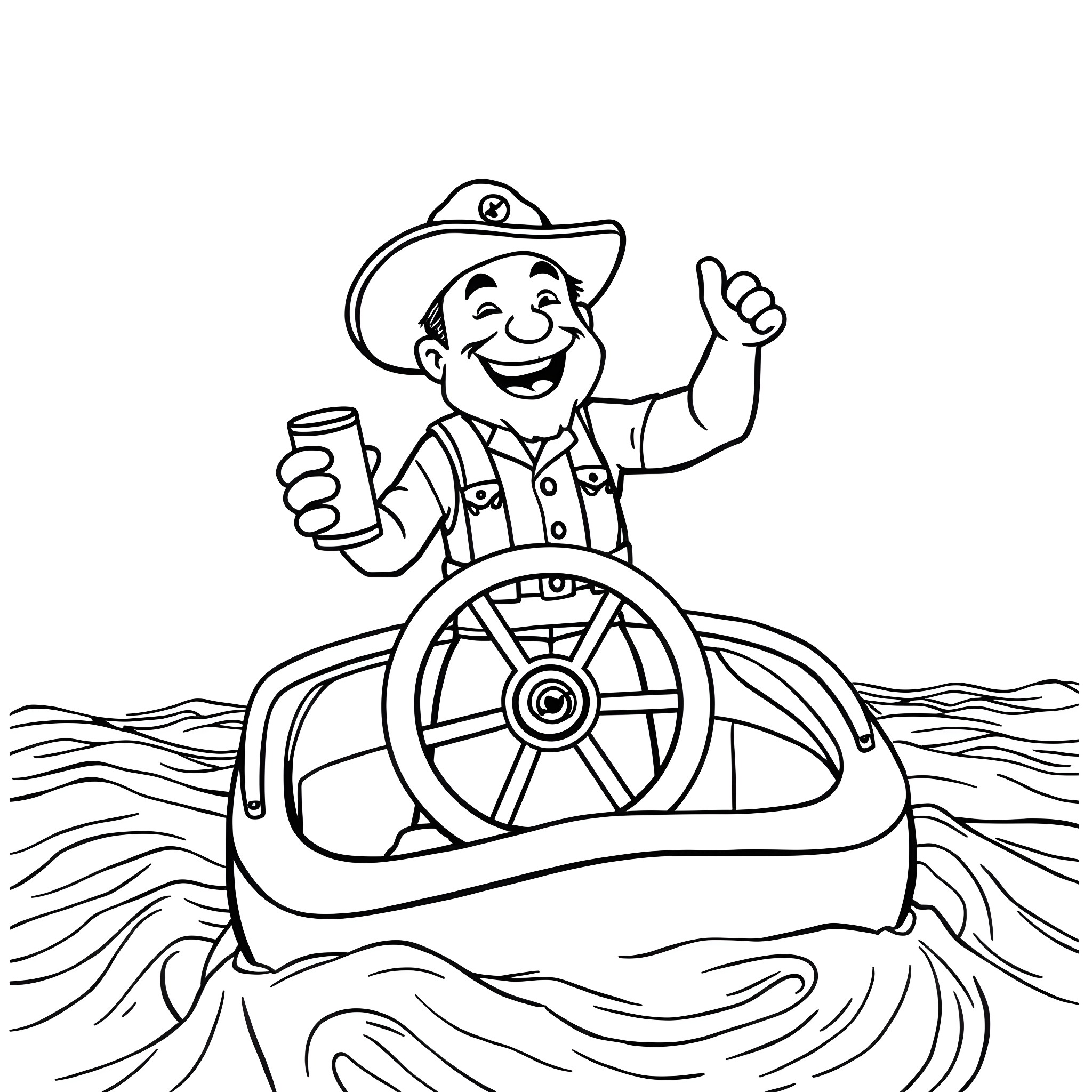Beer-drinking fisherman steering boat on the waves Coloring Page (free black-and-white line drawing printable PDF for all, from beginners to advanced learners, including children, teens, adults, and seniors)