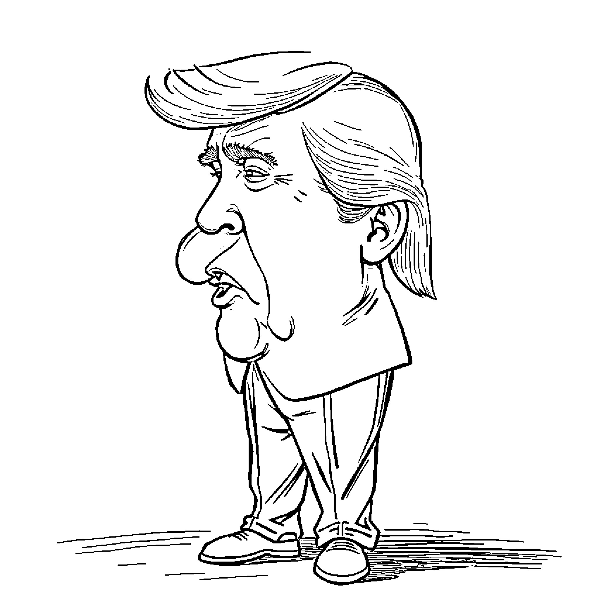 Donald Trump in a contemplative pose Coloring Page (free black-and-white line drawing printable PDF for all, from beginners to advanced learners, including children, teens, adults, and seniors)
