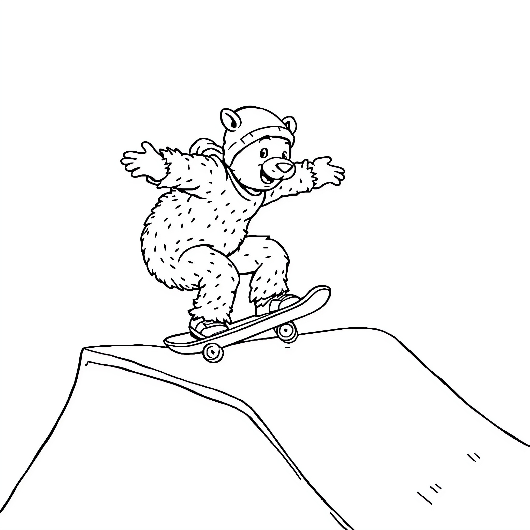 Bear riding skateboard down hill Coloring Page (free black-and-white line drawing printable PDF for all, from beginners to advanced learners, including children, teens, adults, and seniors)