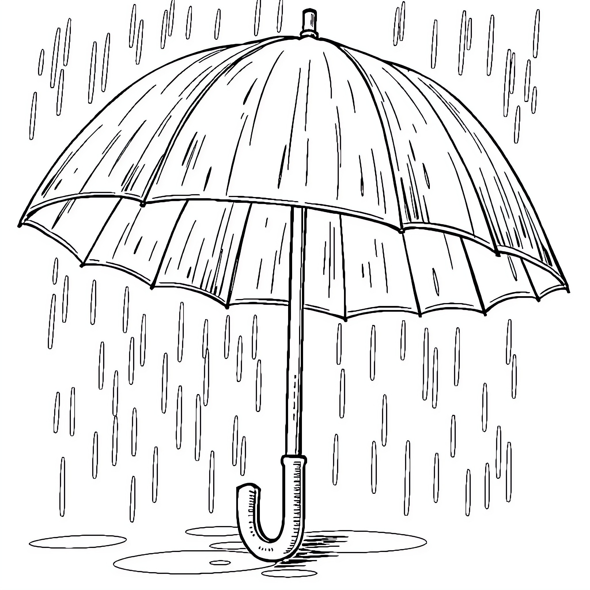 Umbrella protecting from heavy rain Coloring Page (free black-and-white line drawing printable PDF for all, from beginners to advanced learners, including children, teens, adults, and seniors)