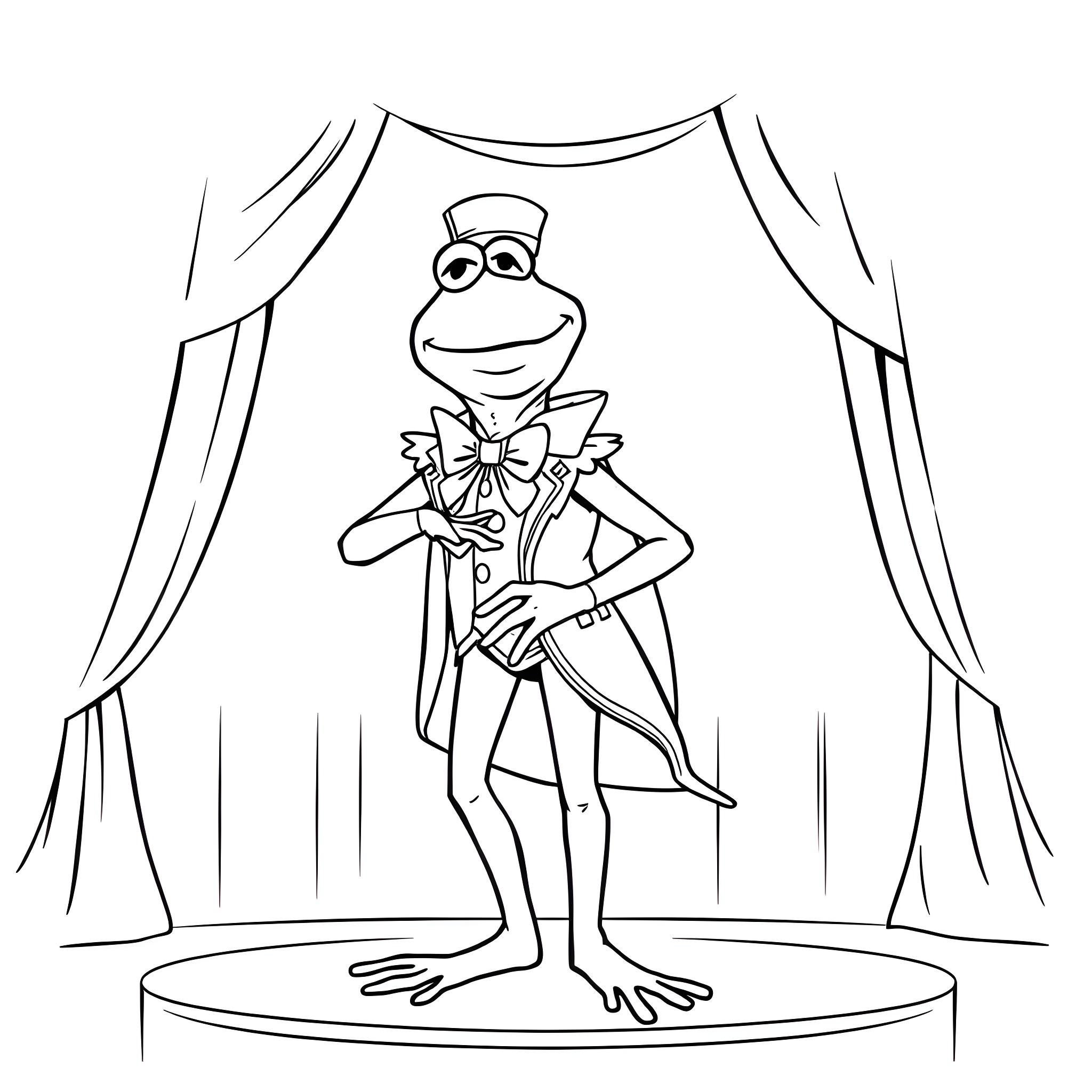Kermit the Frog performing on stage in a tuxedo Coloring Page (free black-and-white line drawing printable PDF for all, from beginners to advanced learners, including children, teens, adults, and seniors)