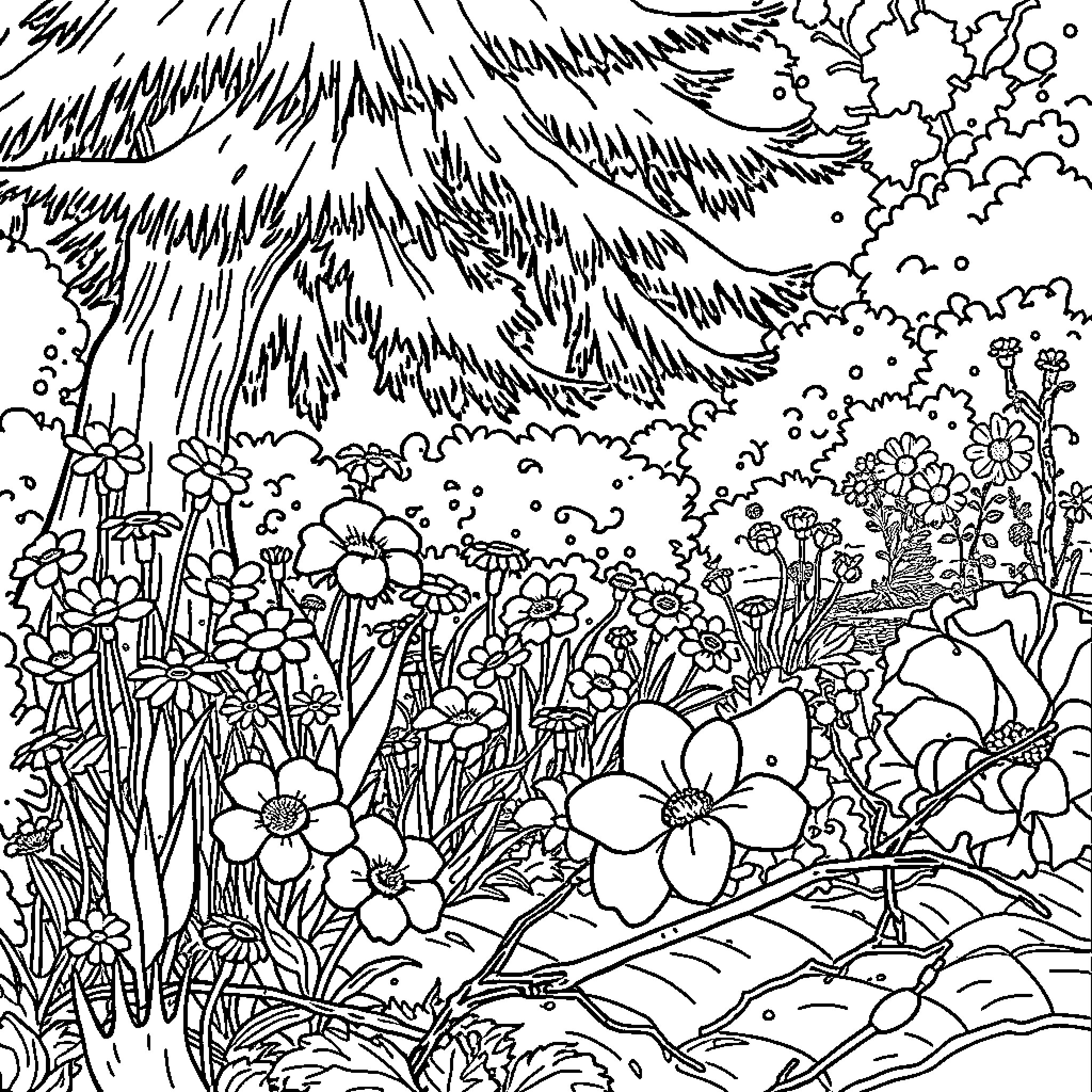 Garden filled with lush foliage and vibrant flowers Coloring Page (free black-and-white line drawing printable PDF for all, from beginners to advanced learners, including children, teens, adults, and seniors)
