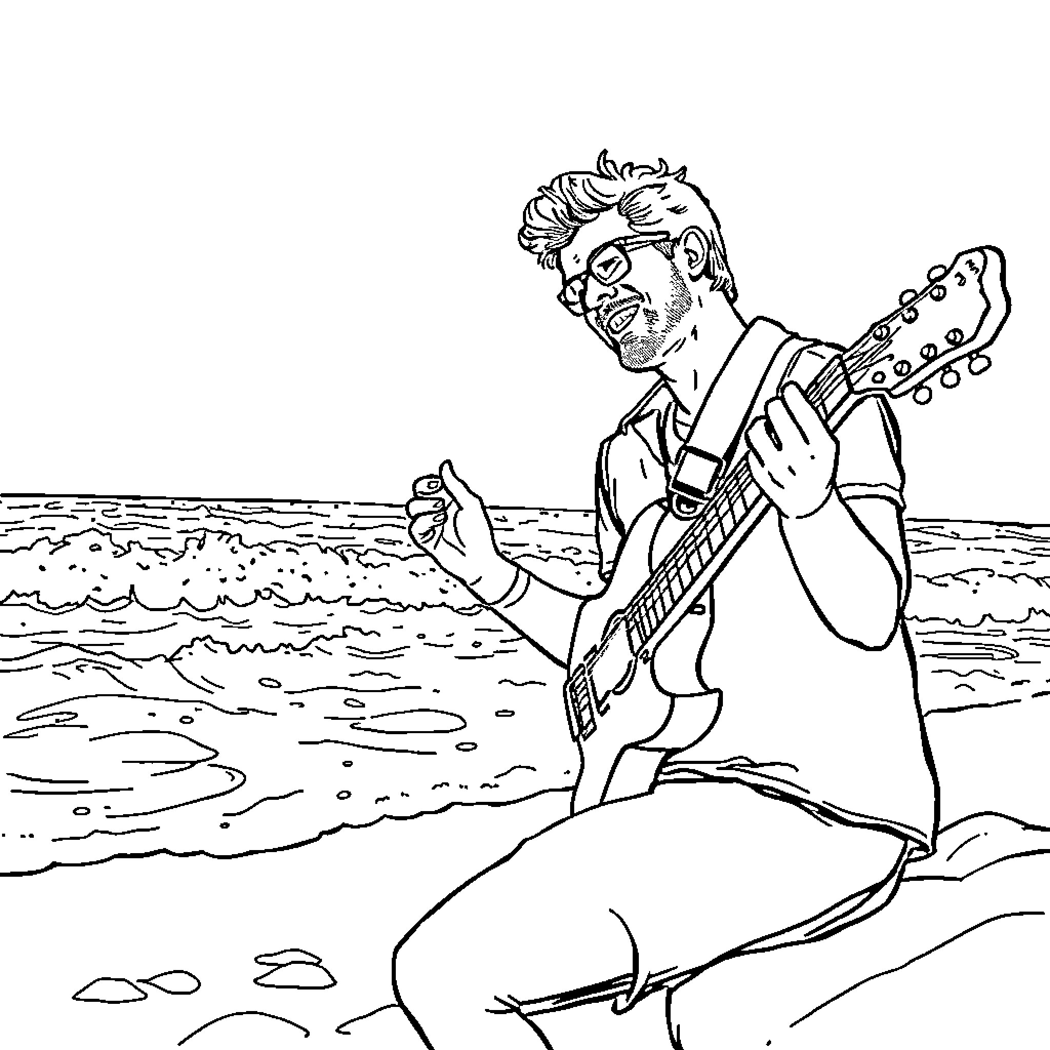 David Bisbal performing on the beach Coloring Page (free black-and-white line drawing printable PDF for all, from beginners to advanced learners, including children, teens, adults, and seniors)