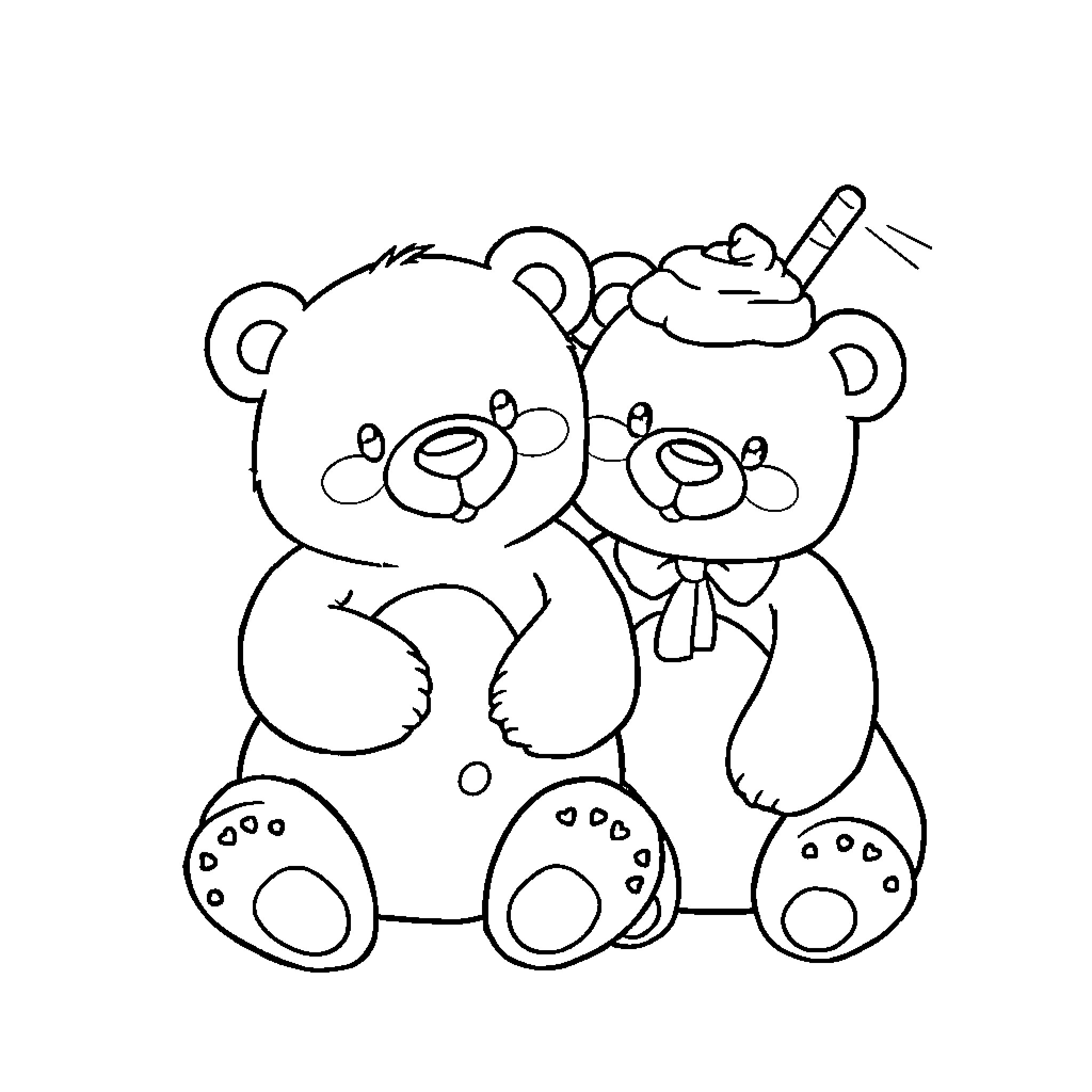 Bear couple sitting together in embrace Coloring Page (free black-and-white line drawing printable PDF for all, from beginners to advanced learners, including children, teens, adults, and seniors)