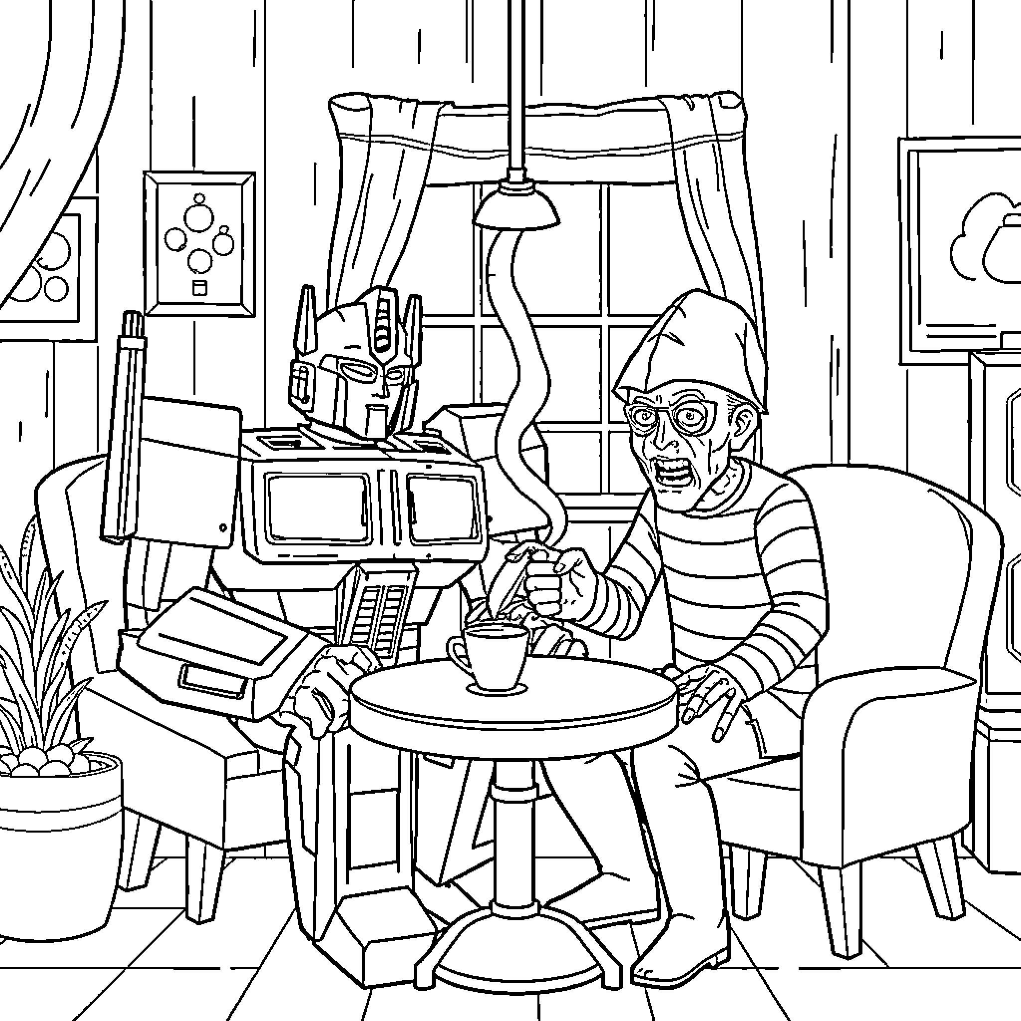Optimus Prime relaxing at home with Autobot companions Coloring Page (free black-and-white line drawing printable PDF for all, from beginners to advanced learners, including children, teens, adults, and seniors)