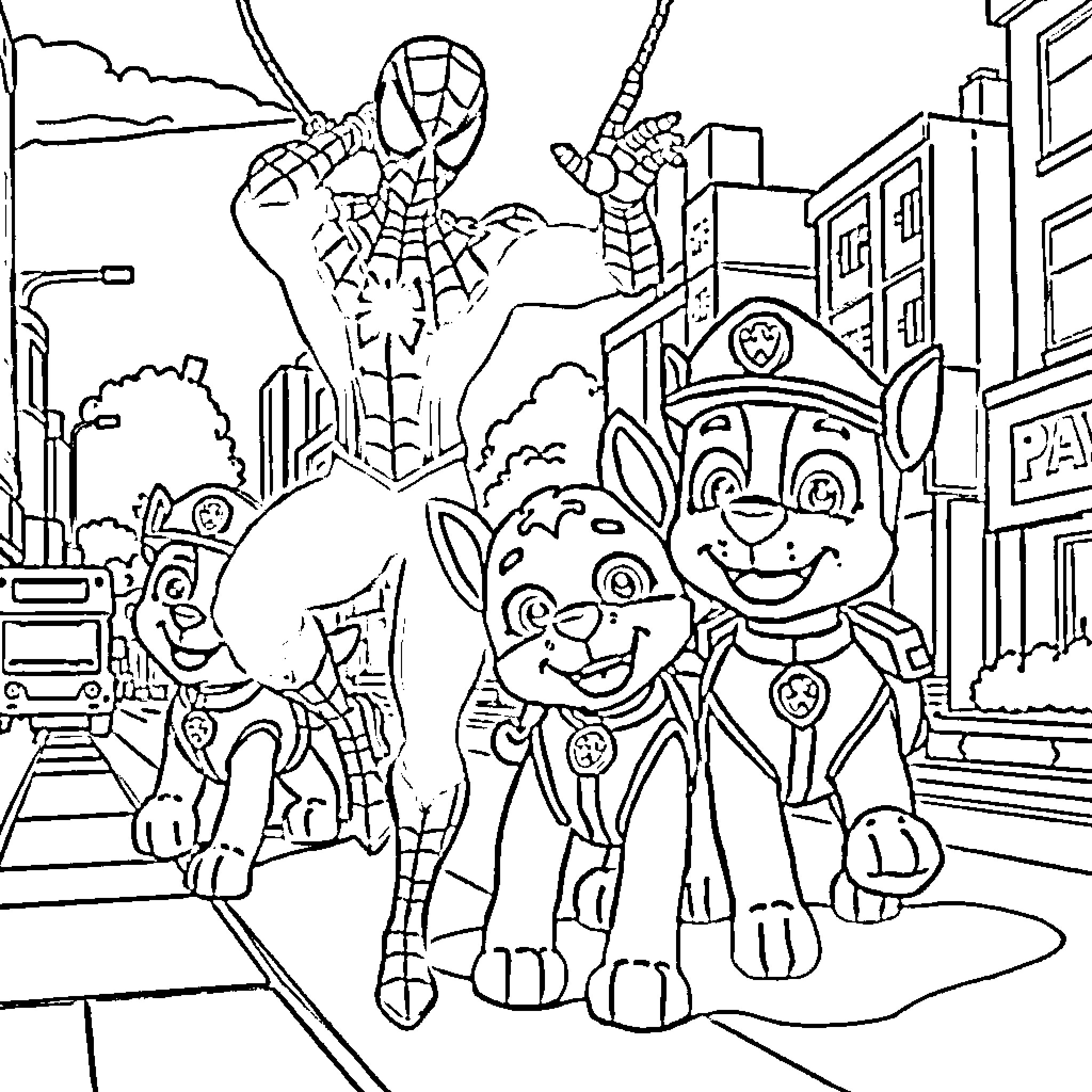 Spidey's City Adventure with Paw Patrol Coloring Page (free black-and-white line drawing printable PDF for all, from beginners to advanced learners, including children, teens, adults, and seniors)