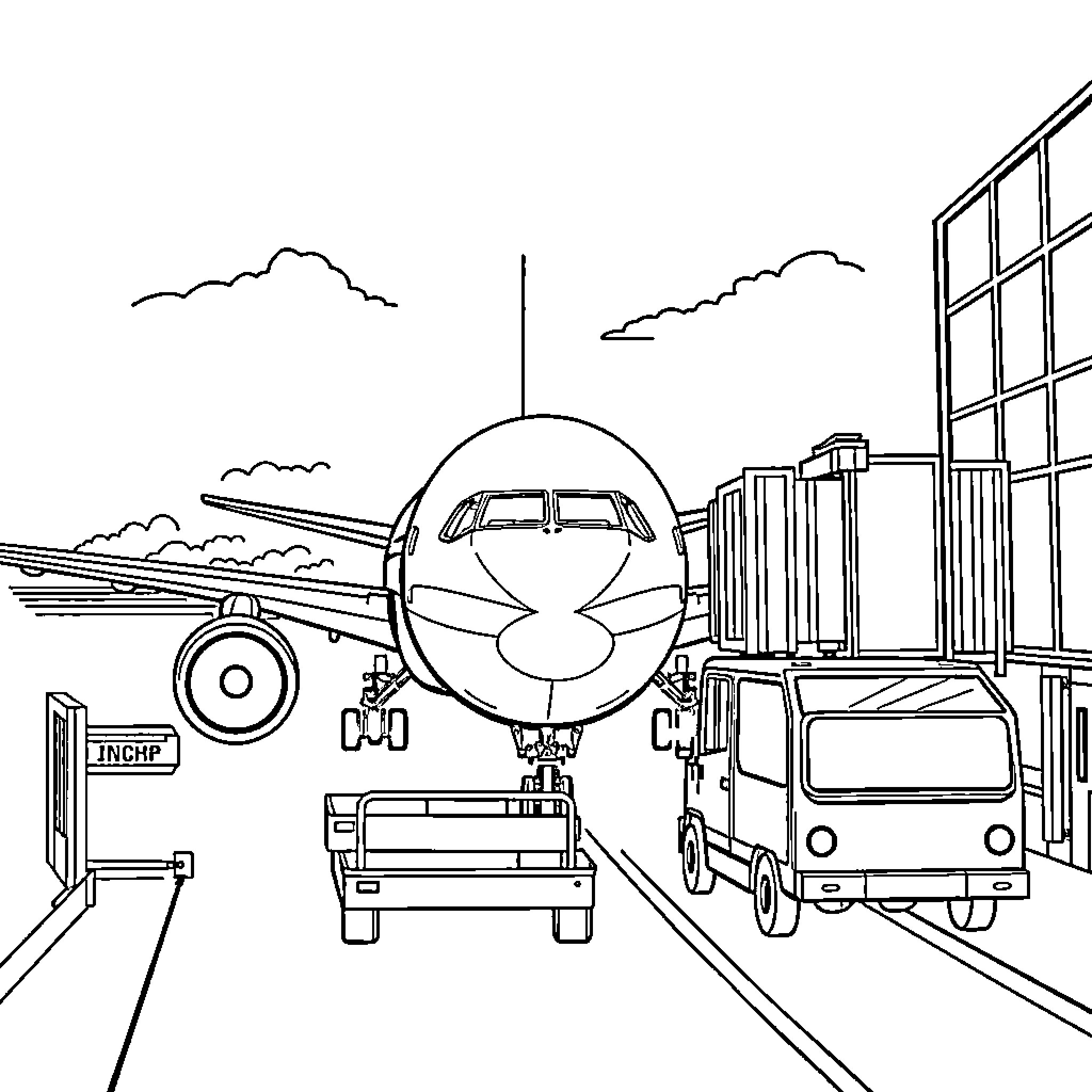Boeing 737 aircraft at airport terminal Coloring Page (free black-and-white line drawing printable PDF for all, from beginners to advanced learners, including children, teens, adults, and seniors)