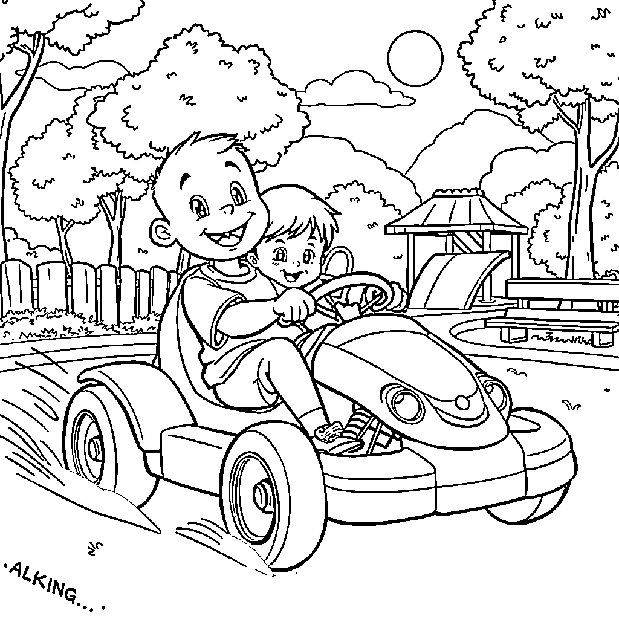 Kid having fun driving a toy car in the park Coloring Page (free black-and-white line drawing printable PDF for all, from beginners to advanced learners, including children, teens, adults, and seniors)
