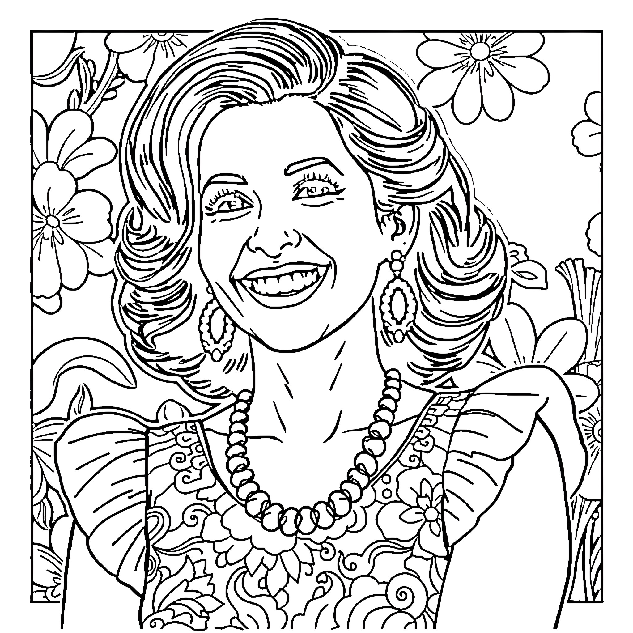 Lana Parrilla's Joyful Flower-Filled Portrait Coloring Page (free black-and-white line drawing printable PDF for all, from beginners to advanced learners, including children, teens, adults, and seniors)