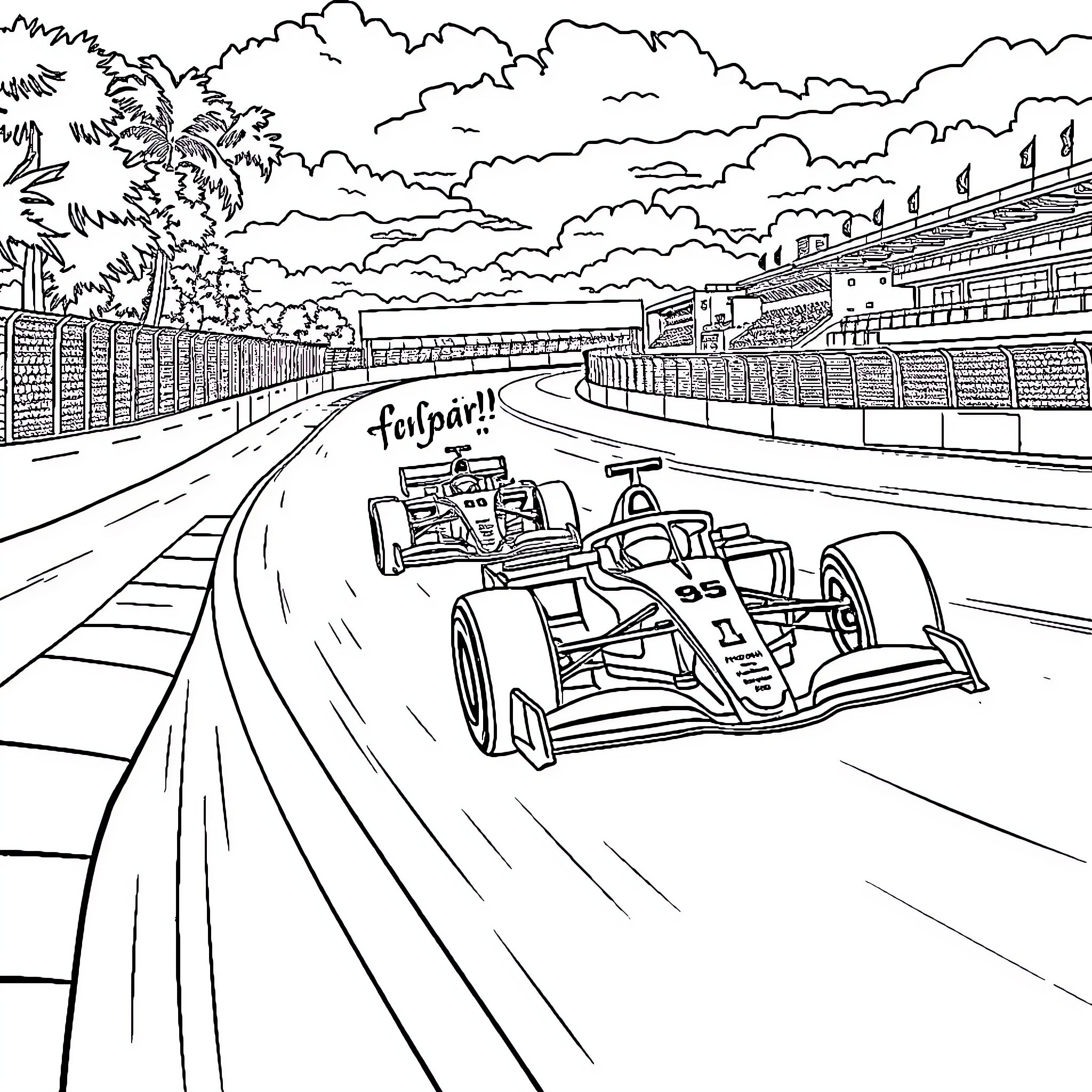 F1 Drivers Racing on Track with Grandstand Coloring Page (free black-and-white line drawing printable PDF for all, from beginners to advanced learners, including children, teens, adults, and seniors)