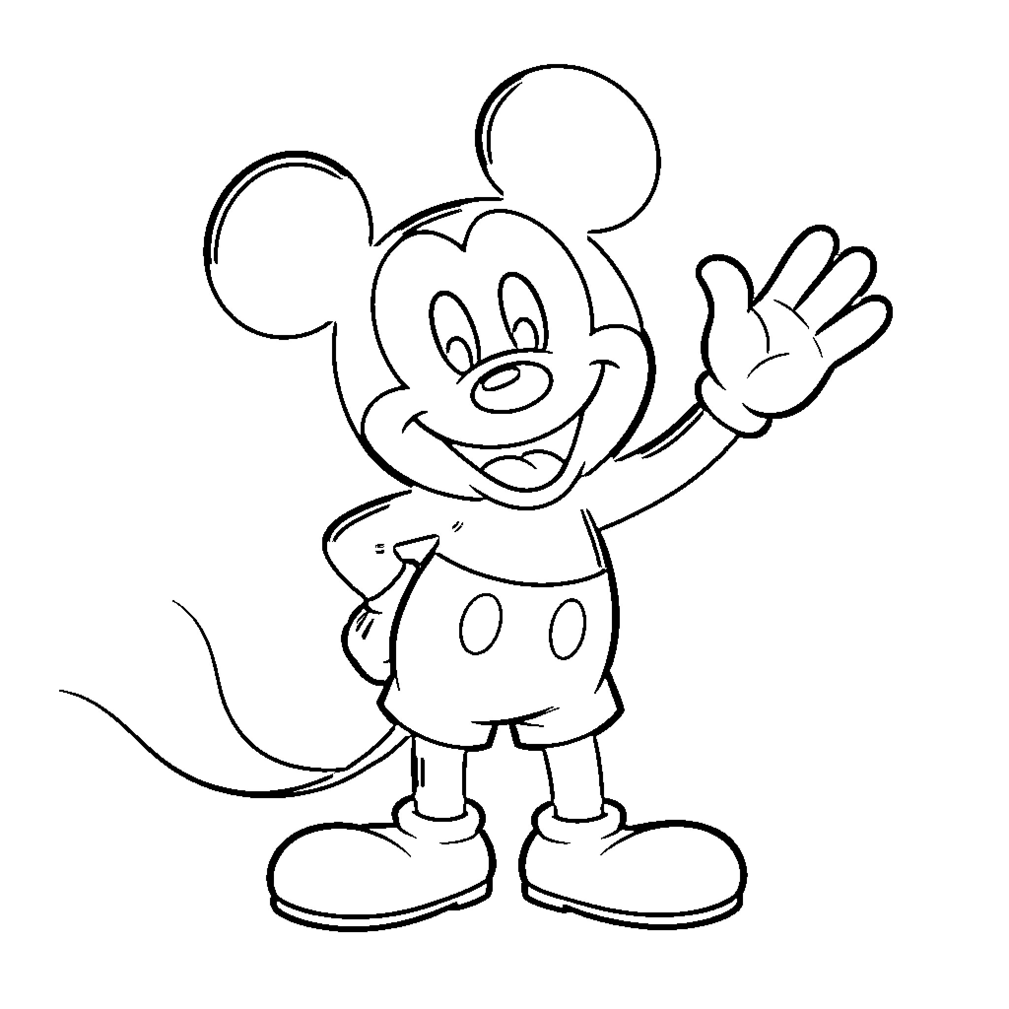 Mickey waving happily with a cheerful expression Coloring Page (free black-and-white line drawing printable PDF for all, from beginners to advanced learners, including children, teens, adults, and seniors)