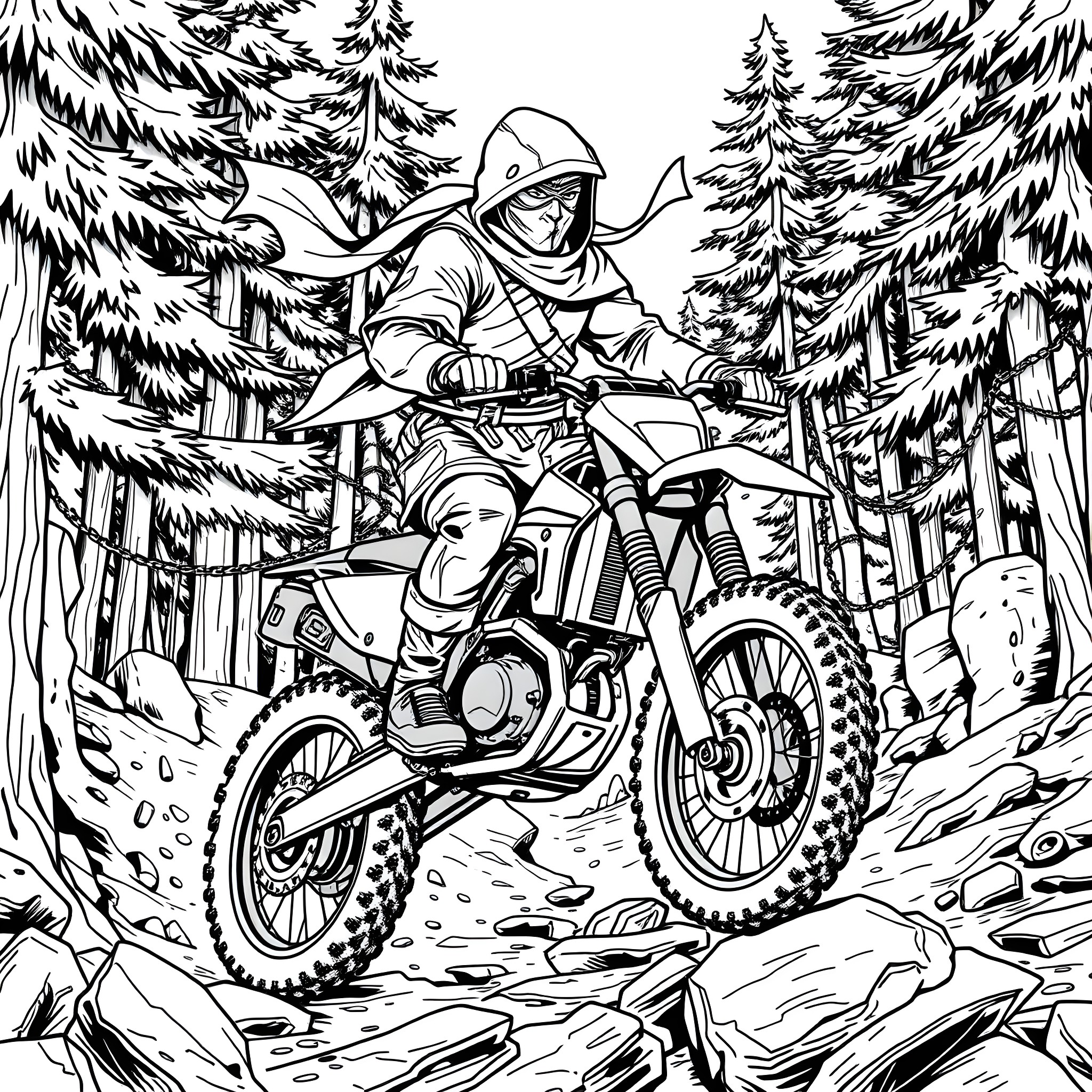 Ninja riding dirt bike through forest trail Coloring Page (free black-and-white line drawing printable PDF for all, from beginners to advanced learners, including children, teens, adults, and seniors)