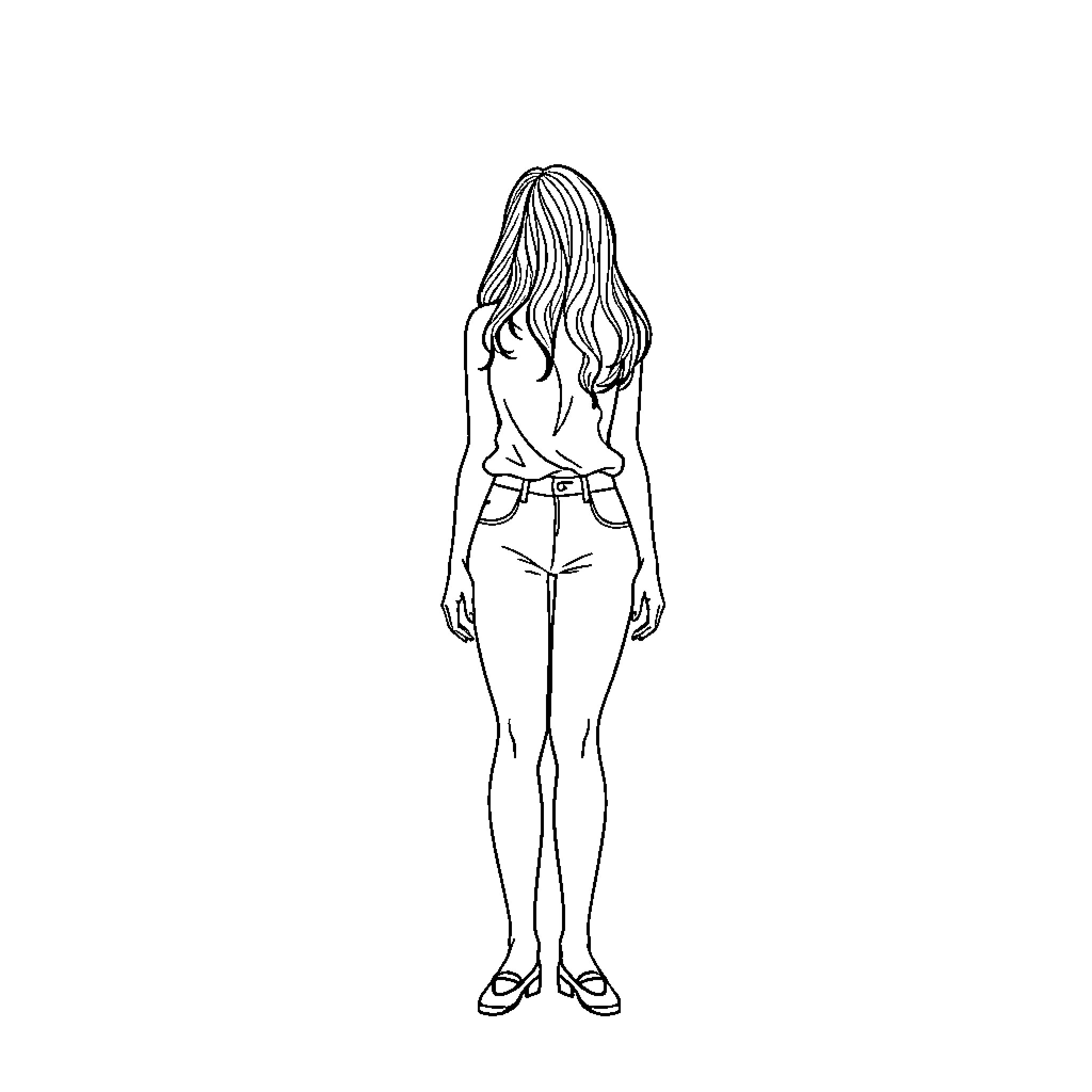 Woman standing with long hair in casual outfit Coloring Page (free black-and-white line drawing printable PDF for all, from beginners to advanced learners, including children, teens, adults, and seniors)