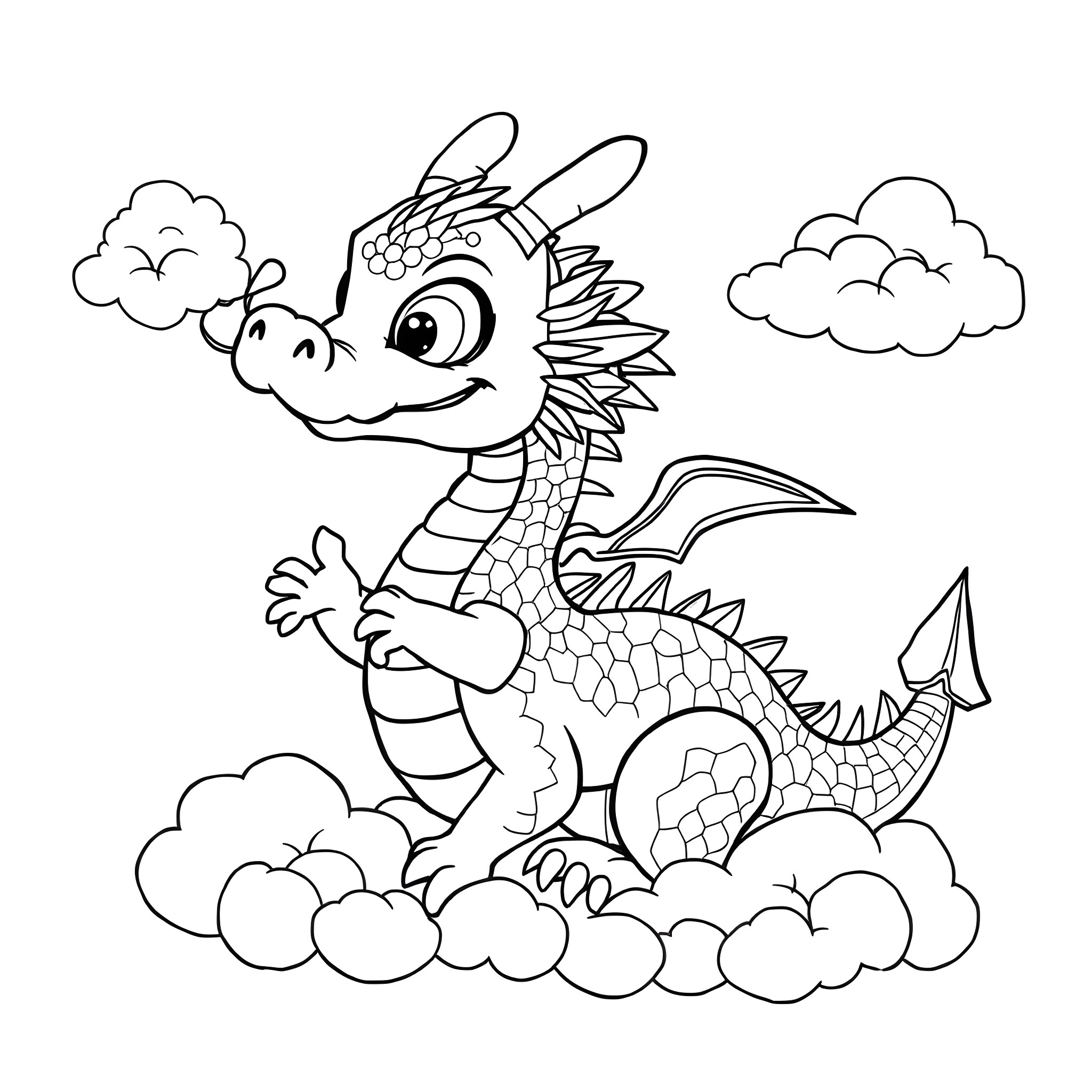 Dragon soaring among clouds Coloring Page (free black-and-white line drawing printable PDF for all, from beginners to advanced learners, including children, teens, adults, and seniors)