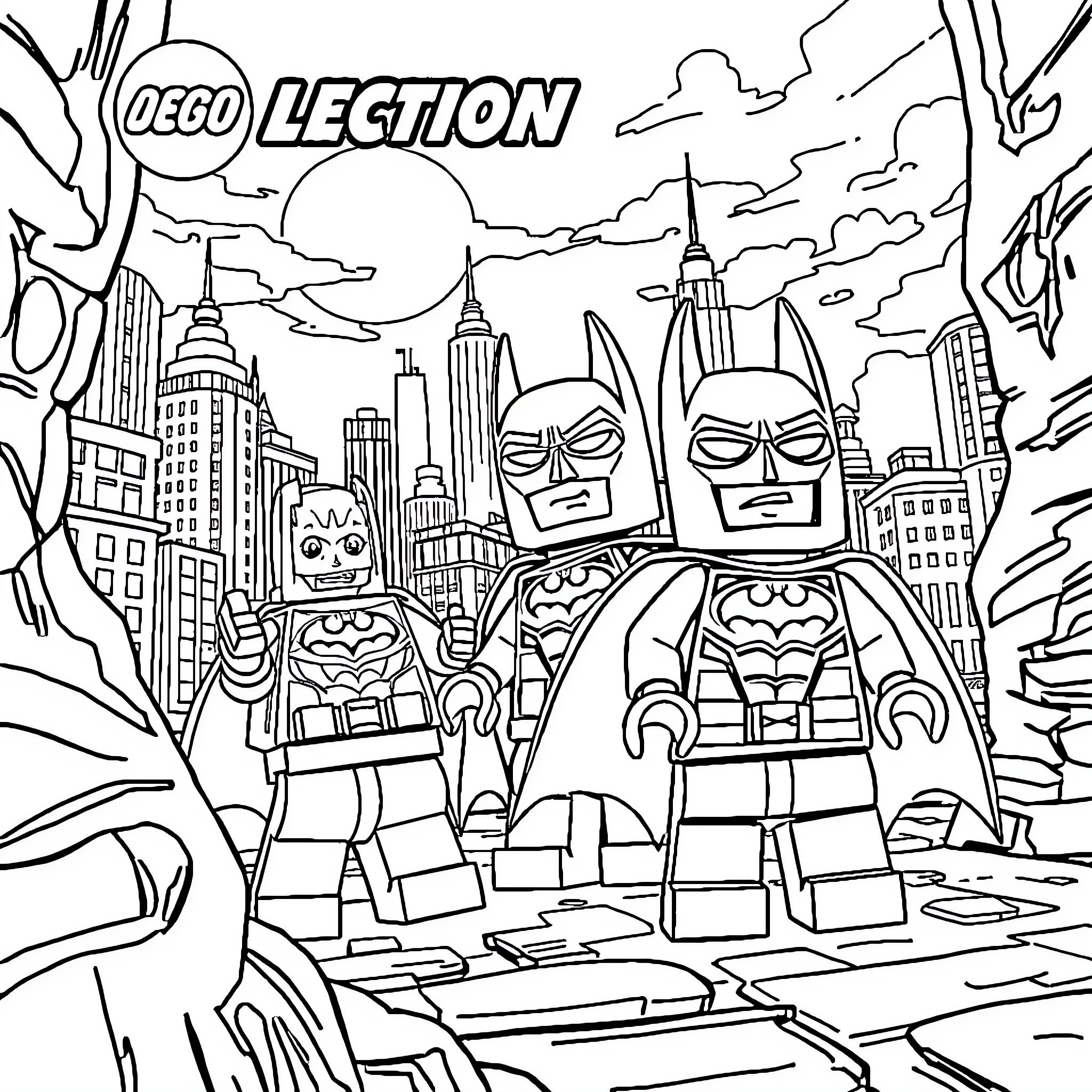 Lego Batman heroes in action against Gotham City skyline Coloring Page (free black-and-white line drawing printable PDF for all, from beginners to advanced learners, including children, teens, adults, and seniors)