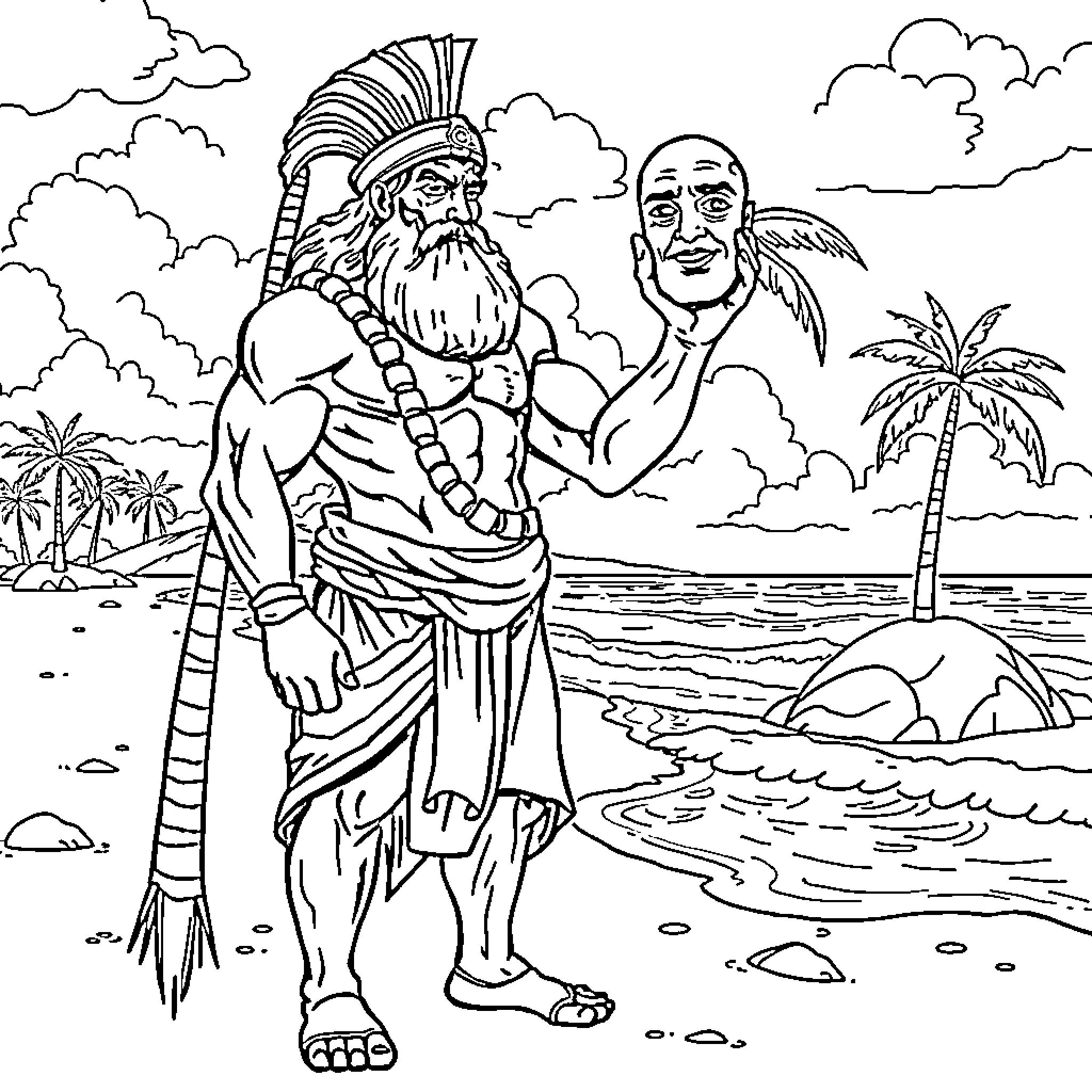 Aesop's Dramatic Duo on the Beach Coloring Page (free black-and-white line drawing printable PDF for all, from beginners to advanced learners, including children, teens, adults, and seniors)