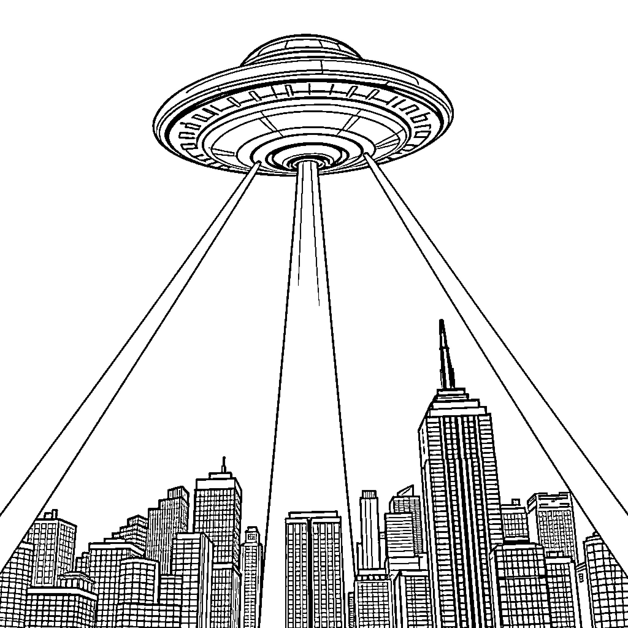 UFO hovering over a city skyline Coloring Page (free black-and-white line drawing printable PDF for all, from beginners to advanced learners, including children, teens, adults, and seniors)