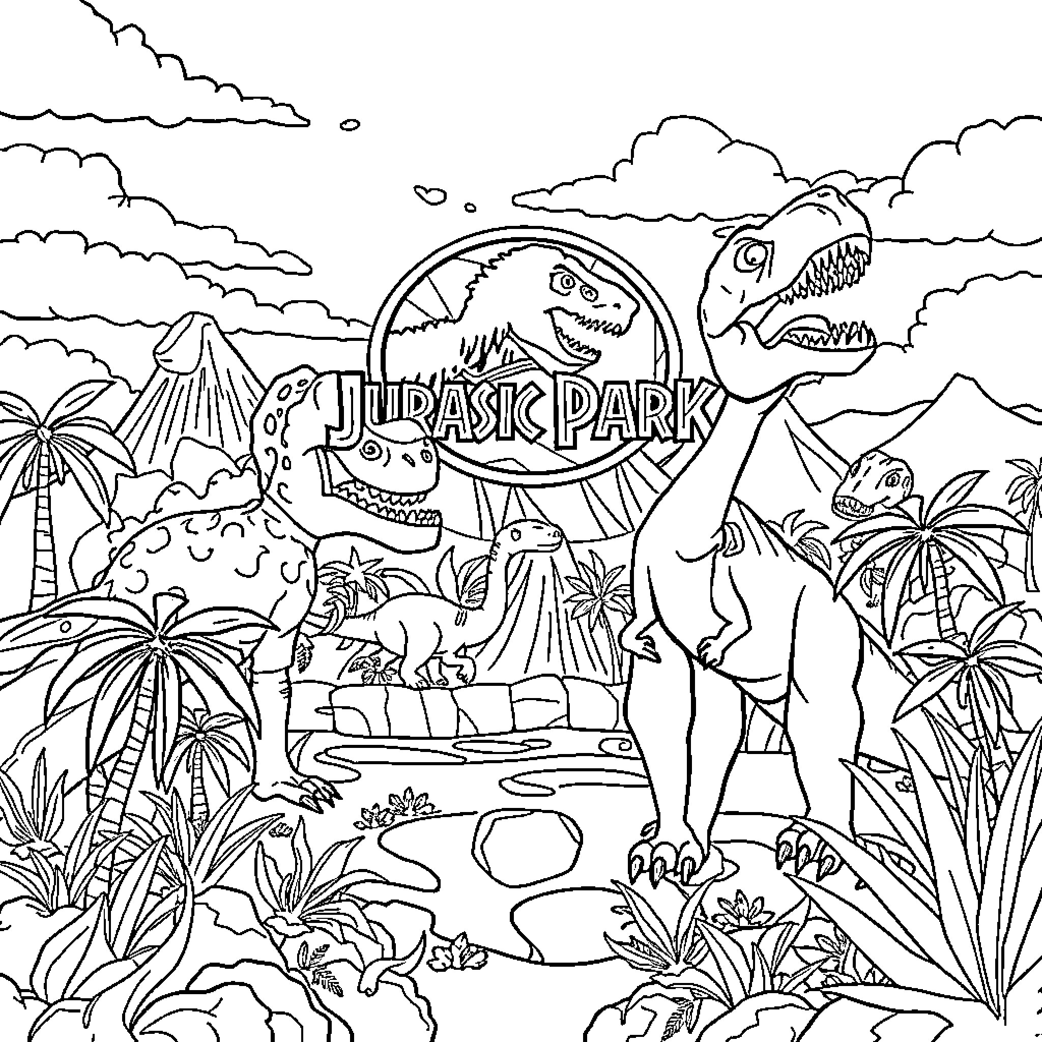 Jurassic Park with Dinosaurs in the Wilderness Coloring Page (free black-and-white line drawing printable PDF for all, from beginners to advanced learners, including children, teens, adults, and seniors)
