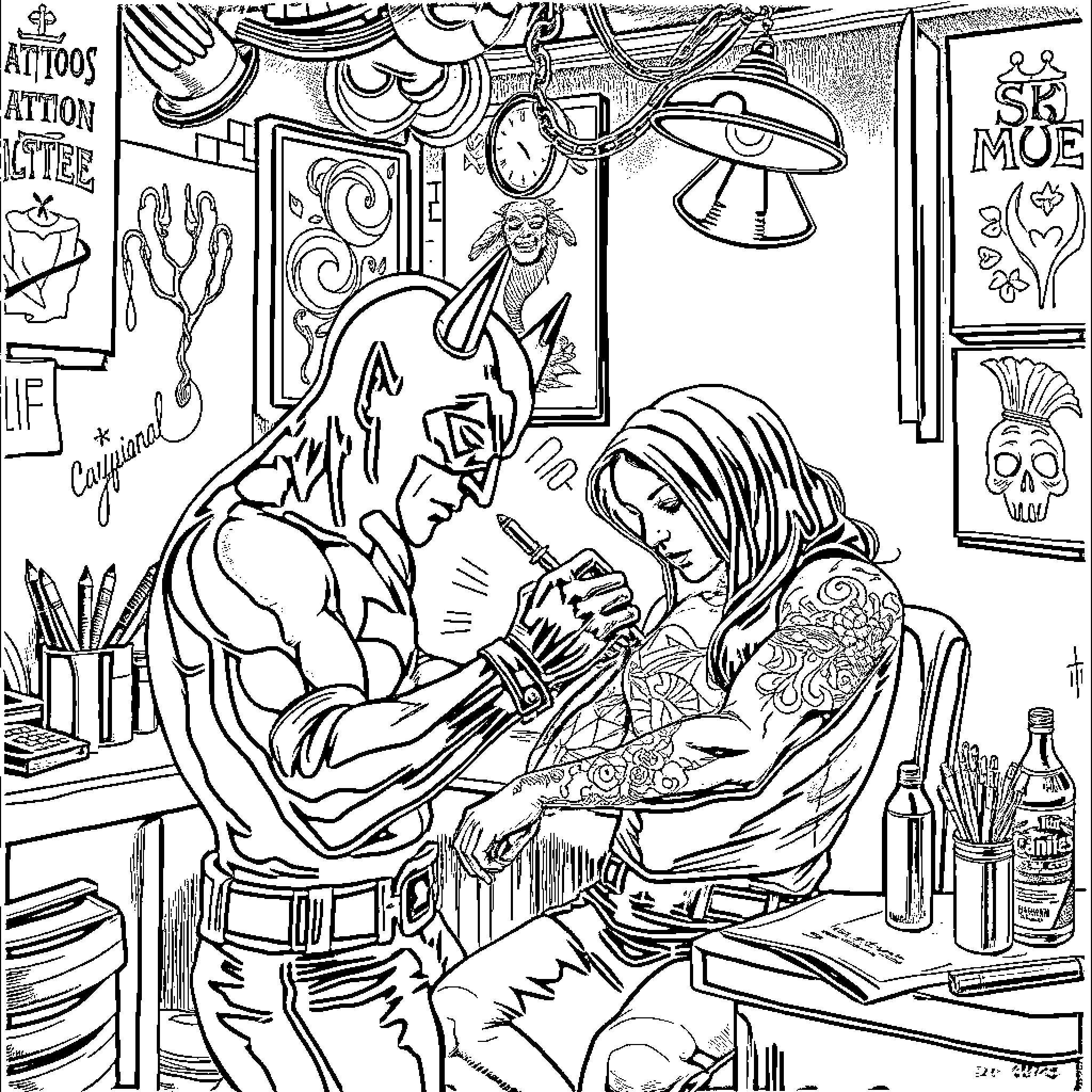 Daredevil Tattoo Artists at Work in the Studio Coloring Page (free black-and-white line drawing printable PDF for all, from beginners to advanced learners, including children, teens, adults, and seniors)