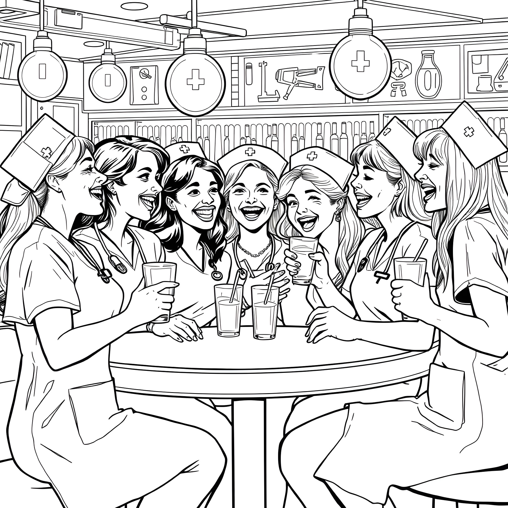 Nurses Celebrating and Socializing in the Hospital Coloring Page (free black-and-white line drawing printable PDF for all, from beginners to advanced learners, including children, teens, adults, and seniors)