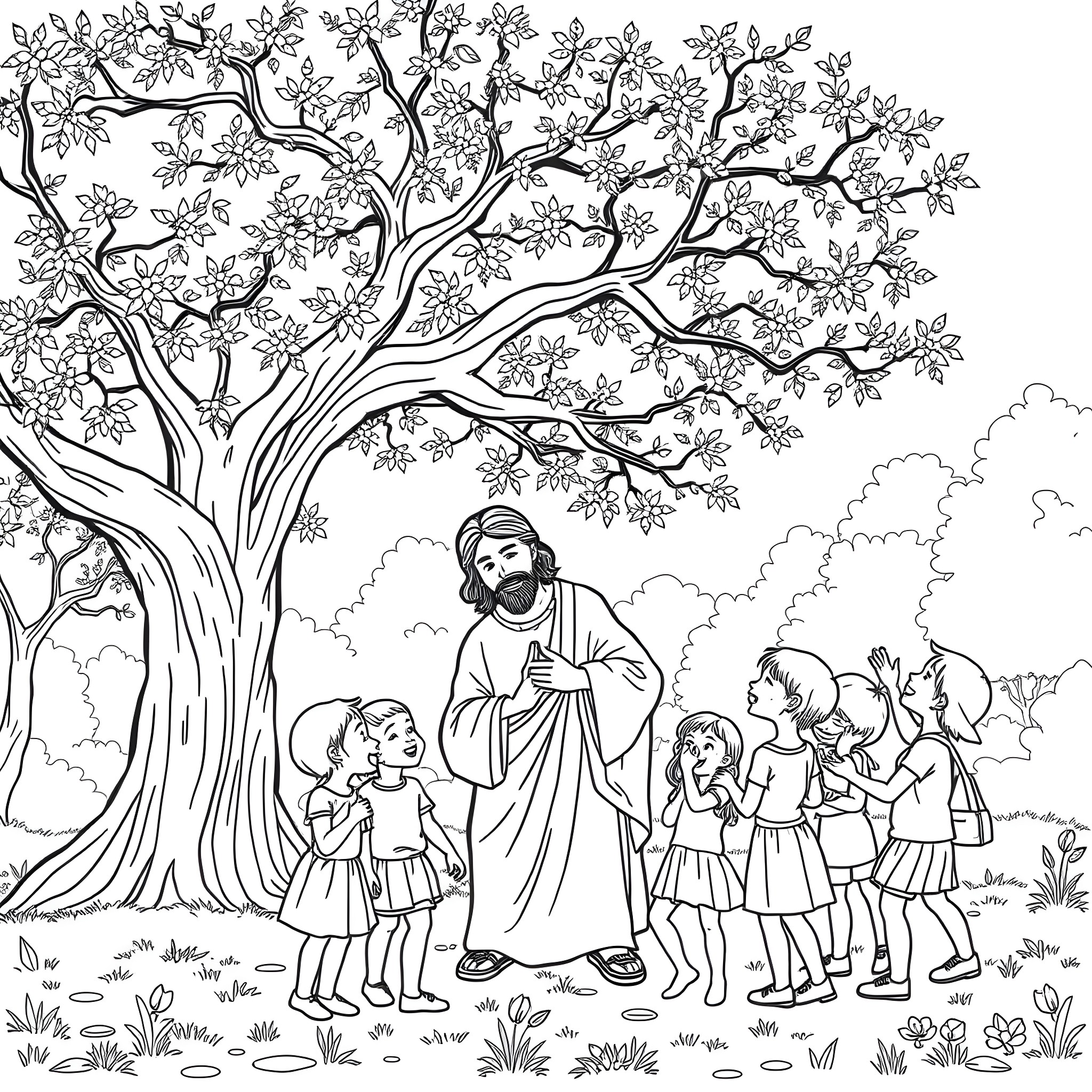 Jesus Embracing Children Under Blooming Tree Coloring Page (free black-and-white line drawing printable PDF for all, from beginners to advanced learners, including children, teens, adults, and seniors)