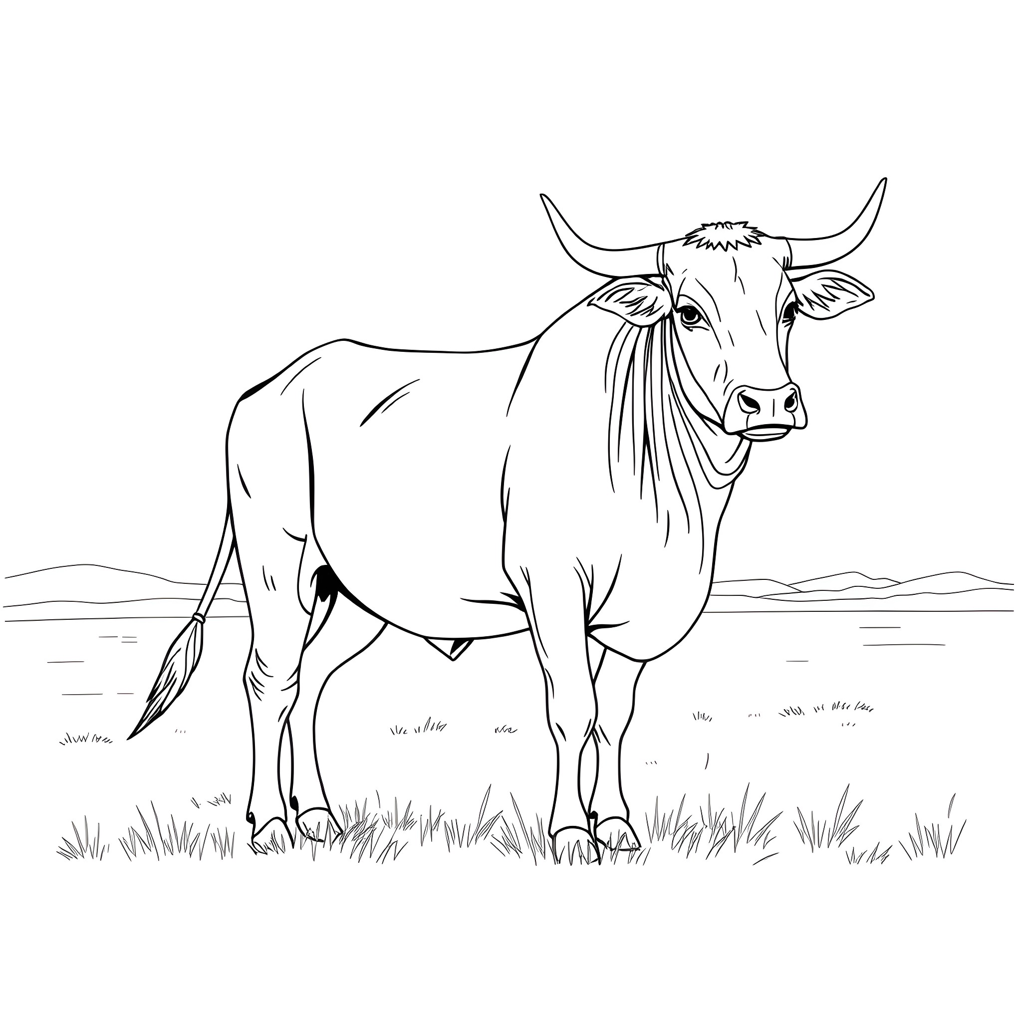 Cow standing in a field Coloring Page (free black-and-white line drawing printable PDF for all, from beginners to advanced learners, including children, teens, adults, and seniors)