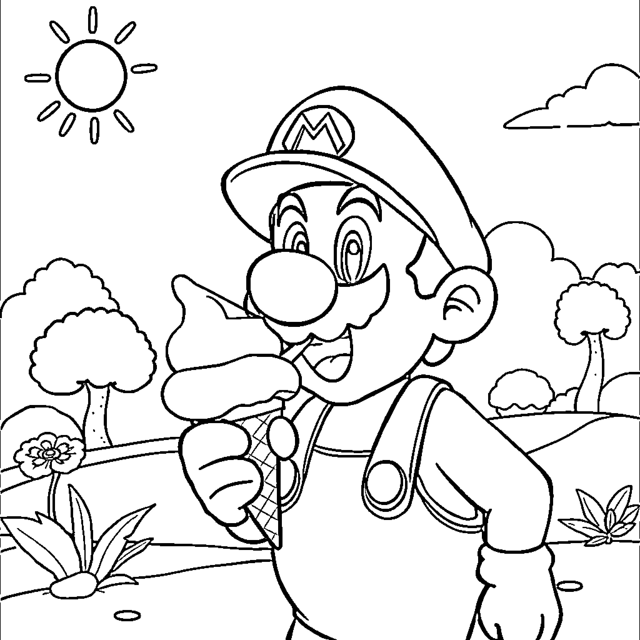 Mario exploring a scenic outdoor landscape Coloring Page (free black-and-white line drawing printable PDF for all, from beginners to advanced learners, including children, teens, adults, and seniors)