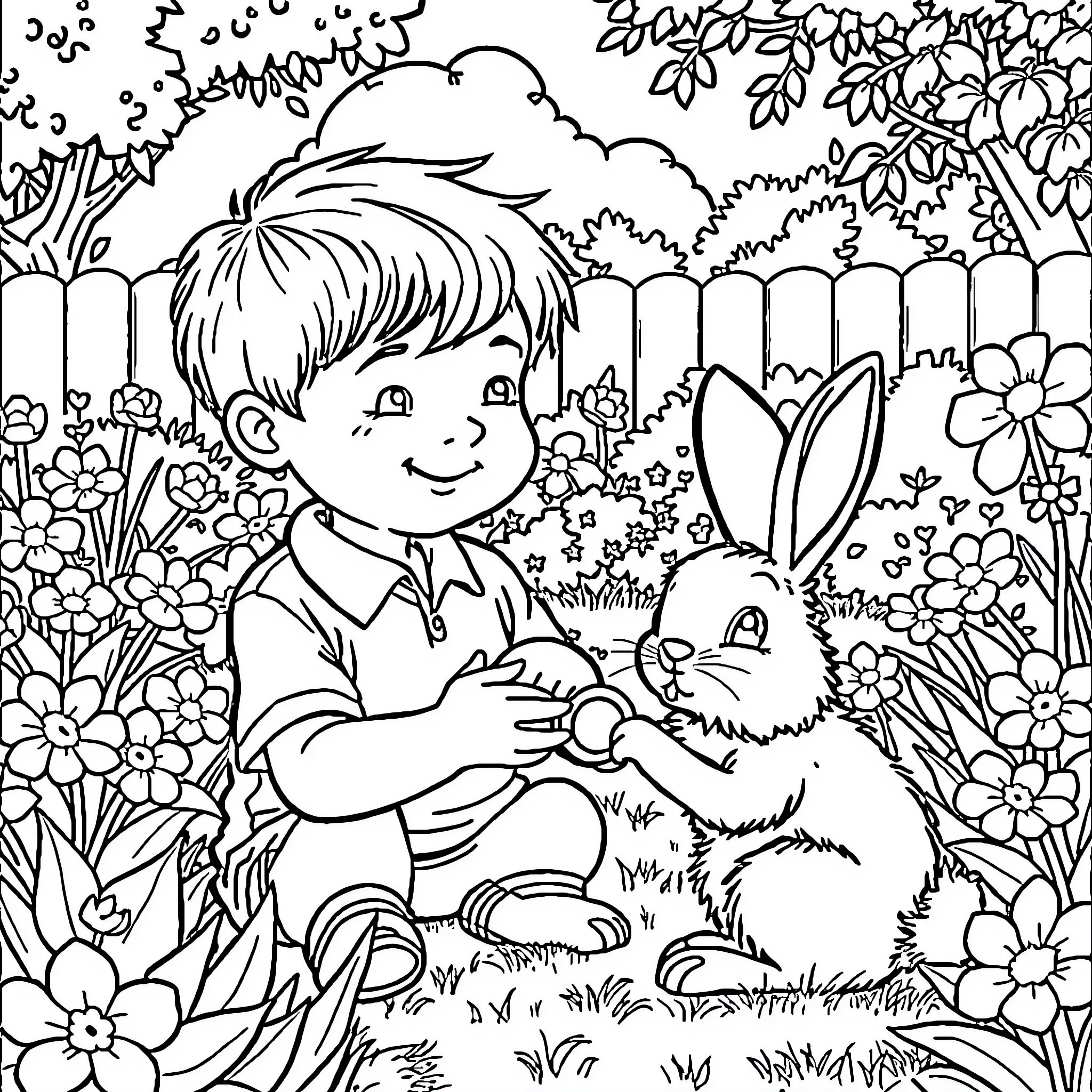 Boy playing joyfully with rabbit in lush garden Coloring Page (free black-and-white line drawing printable PDF for all, from beginners to advanced learners, including children, teens, adults, and seniors)