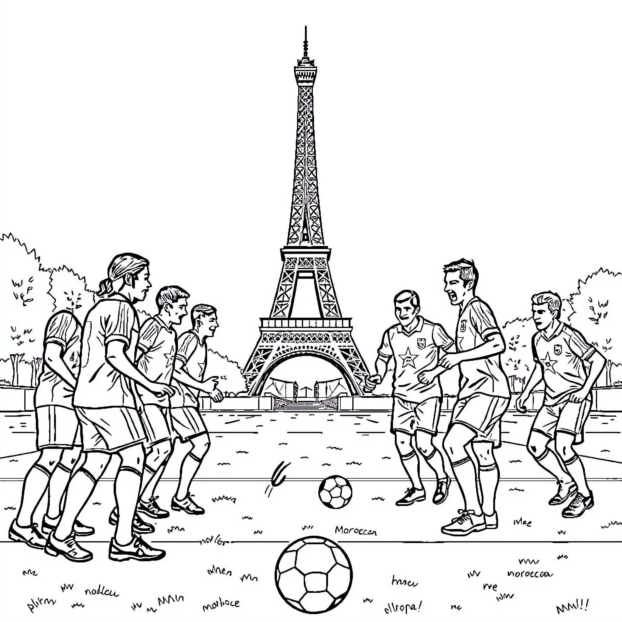 Team of players competing near Eiffel Tower Coloring Page (free black-and-white line drawing printable PDF for all, from beginners to advanced learners, including children, teens, adults, and seniors)