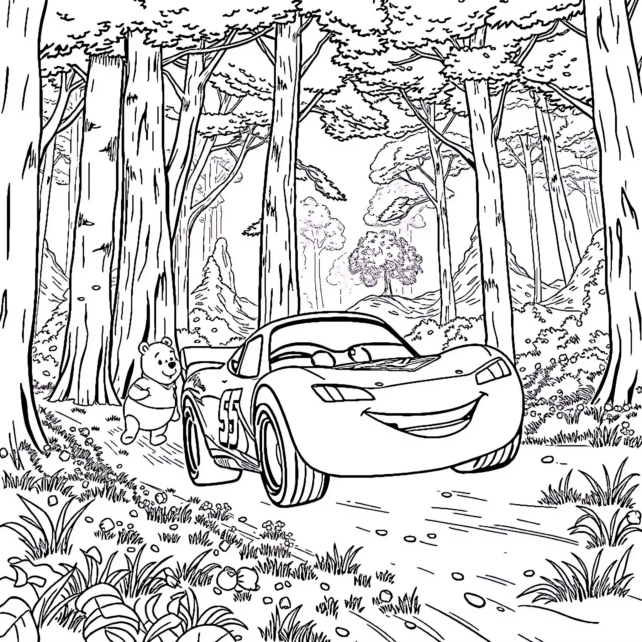 Lightning McQueen races through the enchanted forest Coloring Page (free black-and-white line drawing printable PDF for all, from beginners to advanced learners, including children, teens, adults, and seniors)