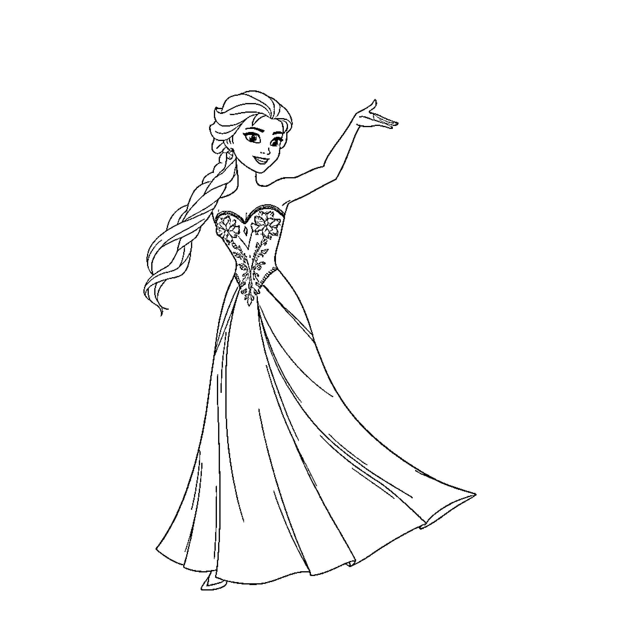 Elsa in a Flowing Gown, Striking a Pose Coloring Page (free black-and-white line drawing printable PDF for all, from beginners to advanced learners, including children, teens, adults, and seniors)