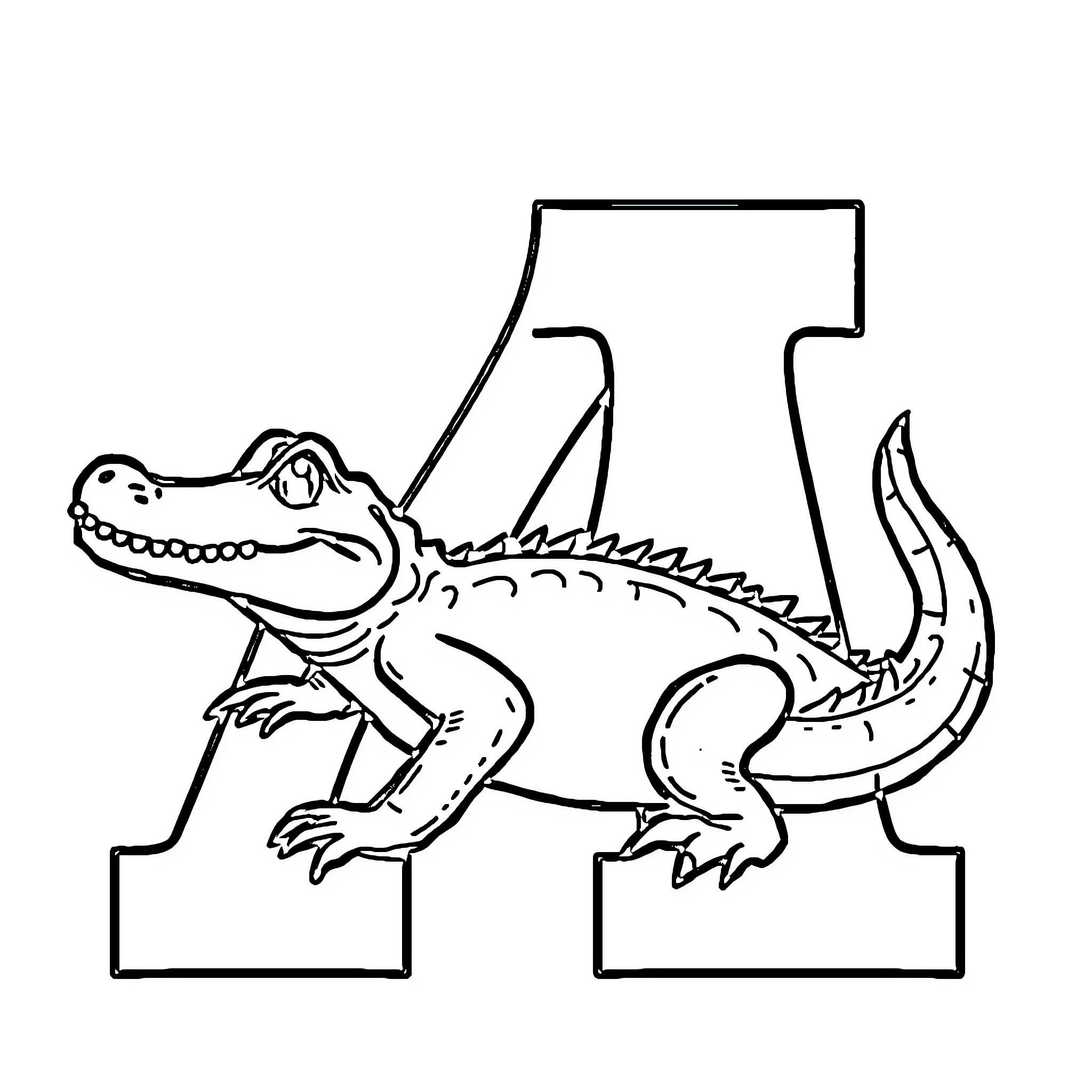 Alligator playing in alphabet letter T Coloring Page (free black-and-white line drawing printable PDF for all, from beginners to advanced learners, including children, teens, adults, and seniors)