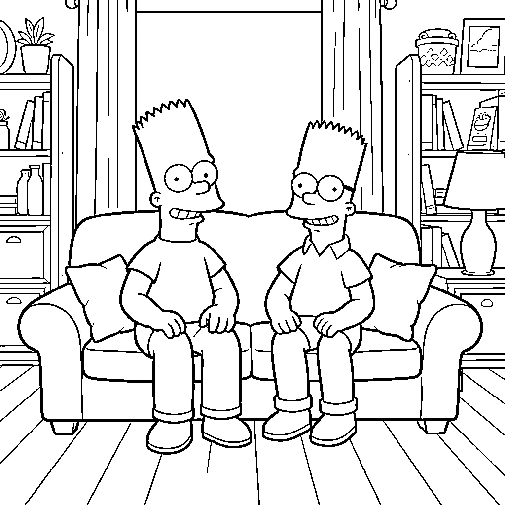 Homer and Bart sitting together on a sofa Coloring Page (free black-and-white line drawing printable PDF for all, from beginners to advanced learners, including children, teens, adults, and seniors)