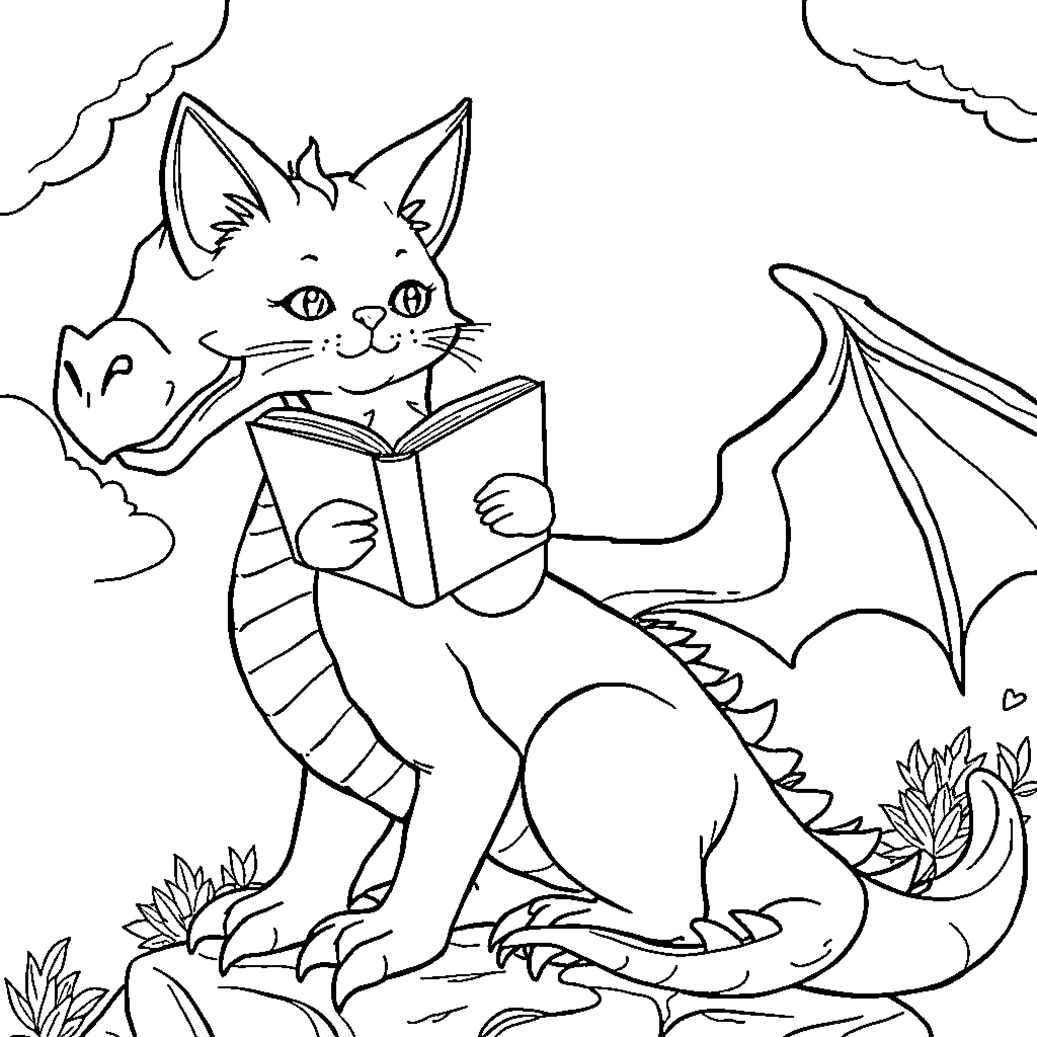 Cat dragon reading book in nature Coloring Page (free black-and-white line drawing printable PDF for all, from beginners to advanced learners, including children, teens, adults, and seniors)