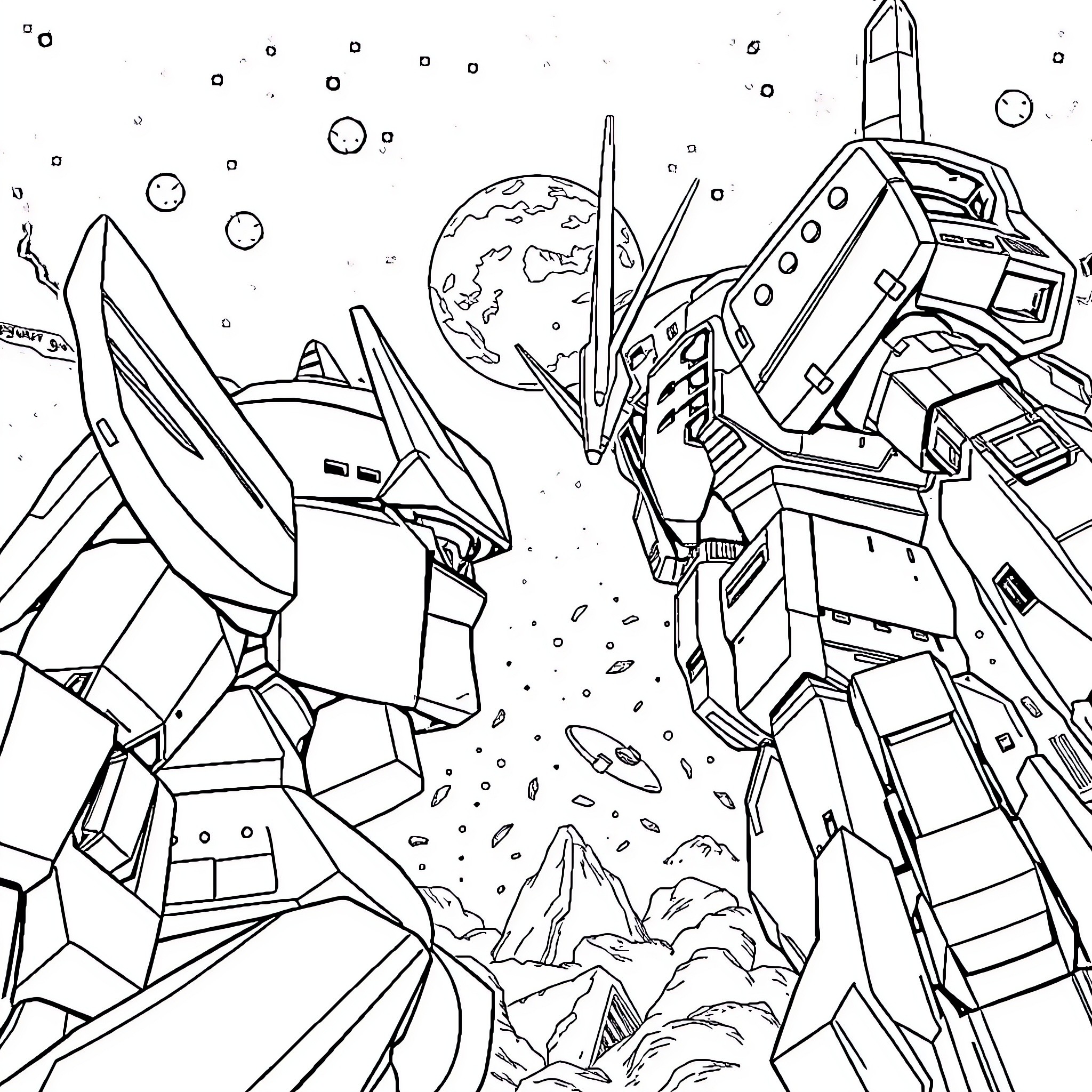 Mecha Robots Battling in Futuristic Space Landscape Coloring Page (free black-and-white line drawing printable PDF for all, from beginners to advanced learners, including children, teens, adults, and seniors)