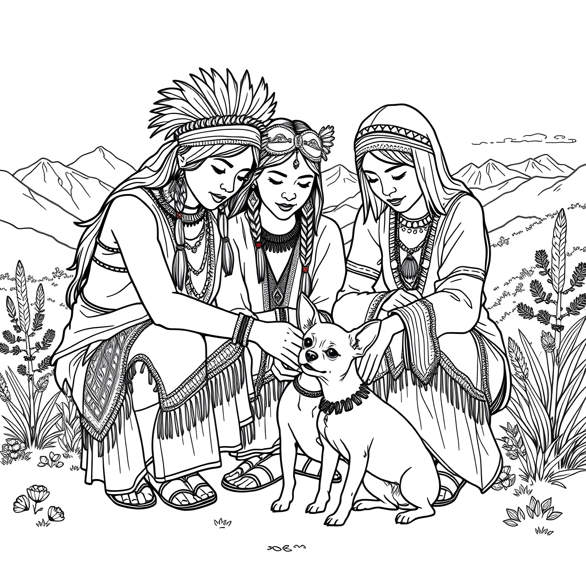 Women in traditional Native American attire with pet dog Coloring Page (free black-and-white line drawing printable PDF for all, from beginners to advanced learners, including children, teens, adults, and seniors)