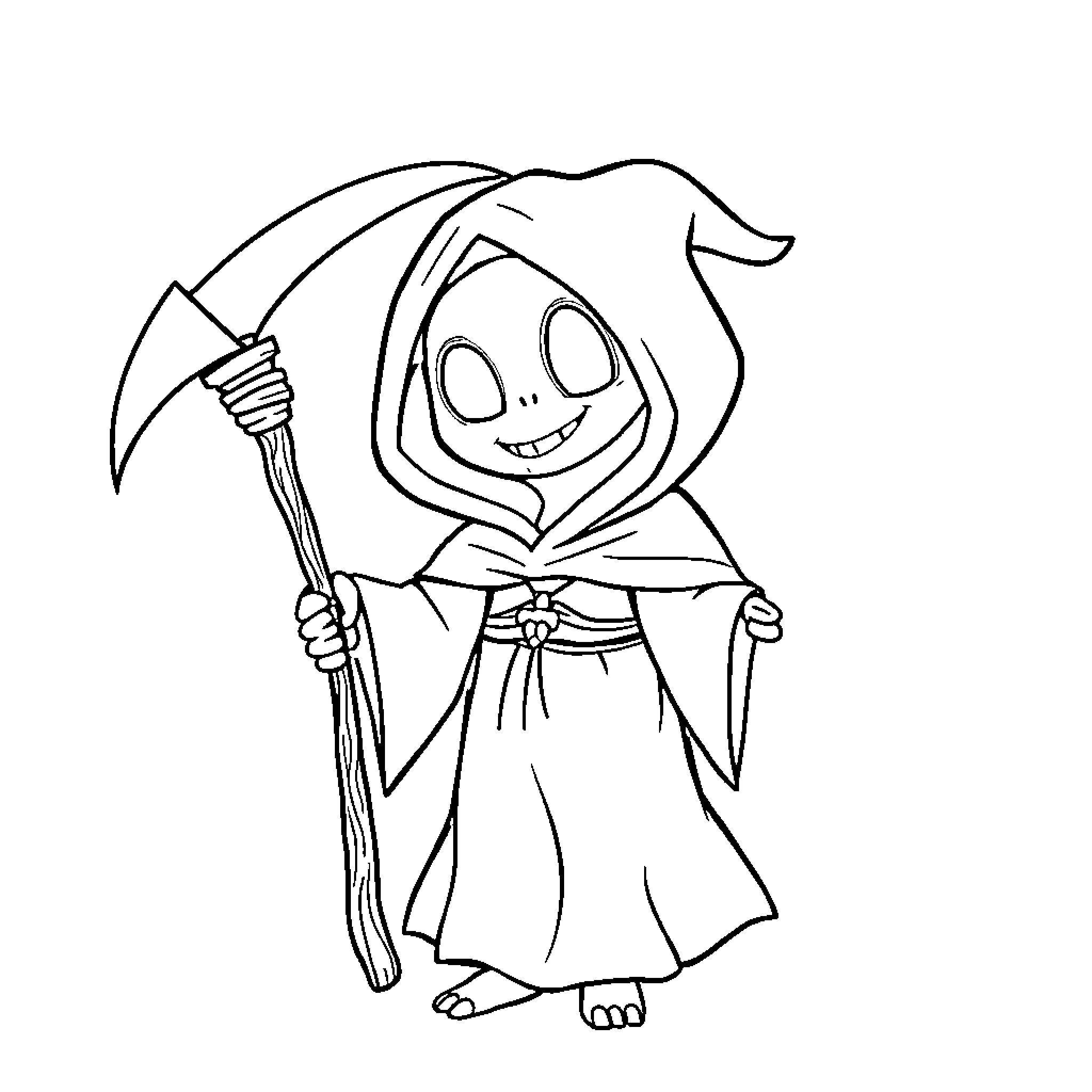 Reaper with a Scythe in Animated Style Coloring Page (free black-and-white line drawing printable PDF for all, from beginners to advanced learners, including children, teens, adults, and seniors)