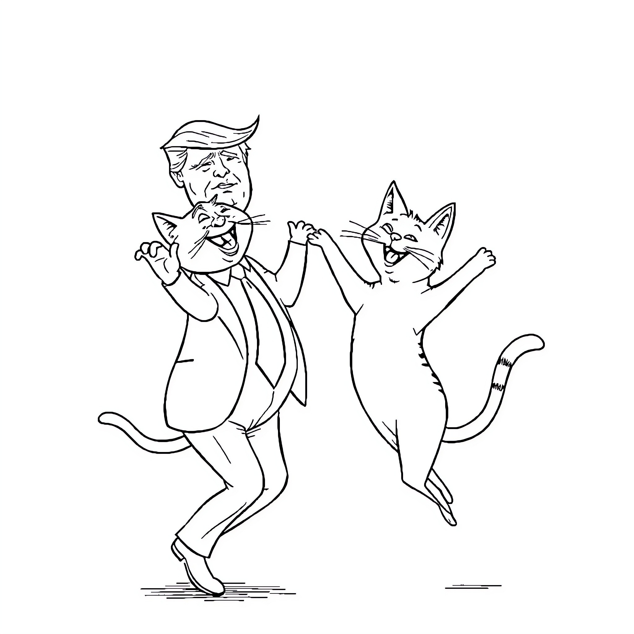 Cat and man engaged in playful antics Coloring Page (free black-and-white line drawing printable PDF for all, from beginners to advanced learners, including children, teens, adults, and seniors)