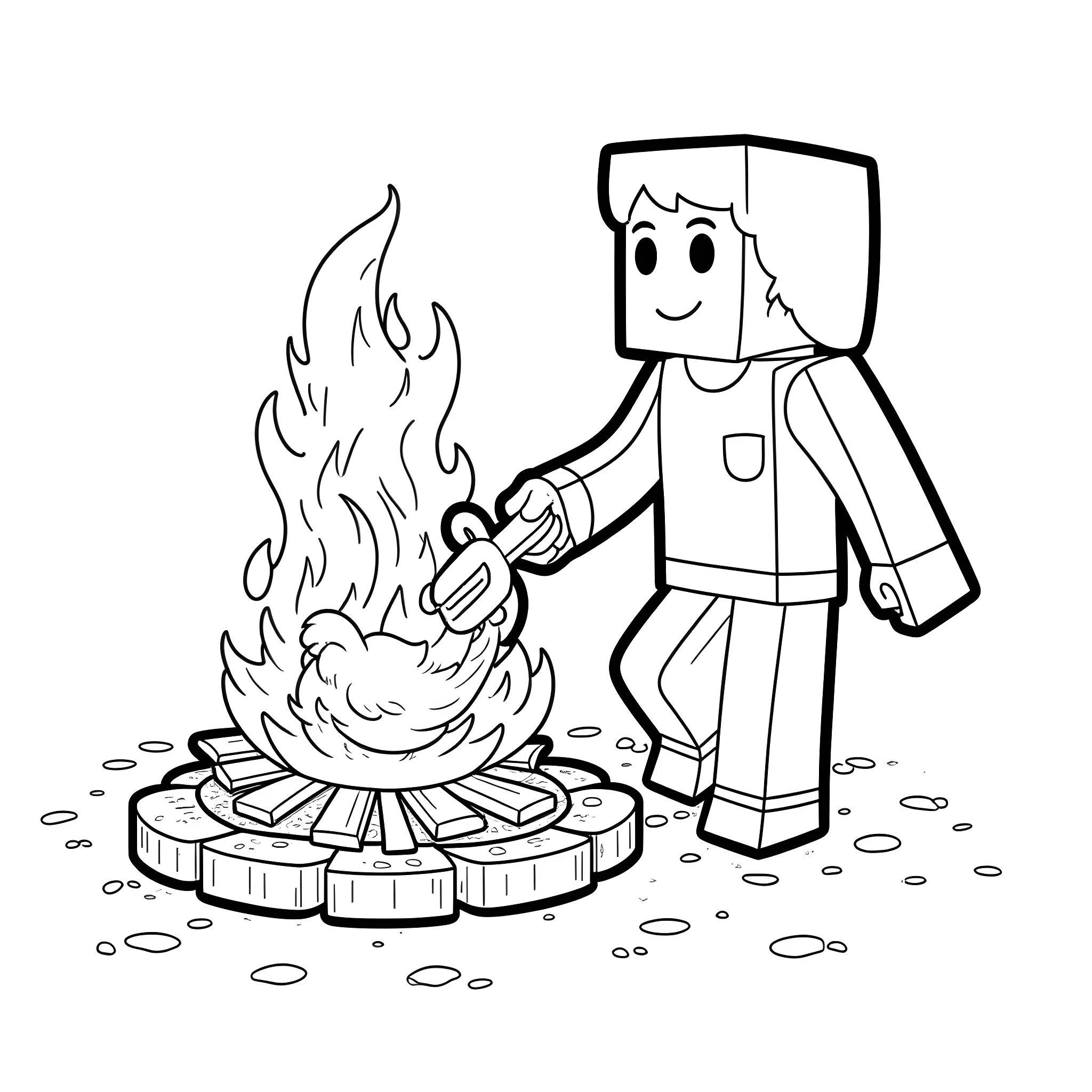 Steve Roasting Marshmallows Over a Campfire Coloring Page (free black-and-white line drawing printable PDF for all, from beginners to advanced learners, including children, teens, adults, and seniors)