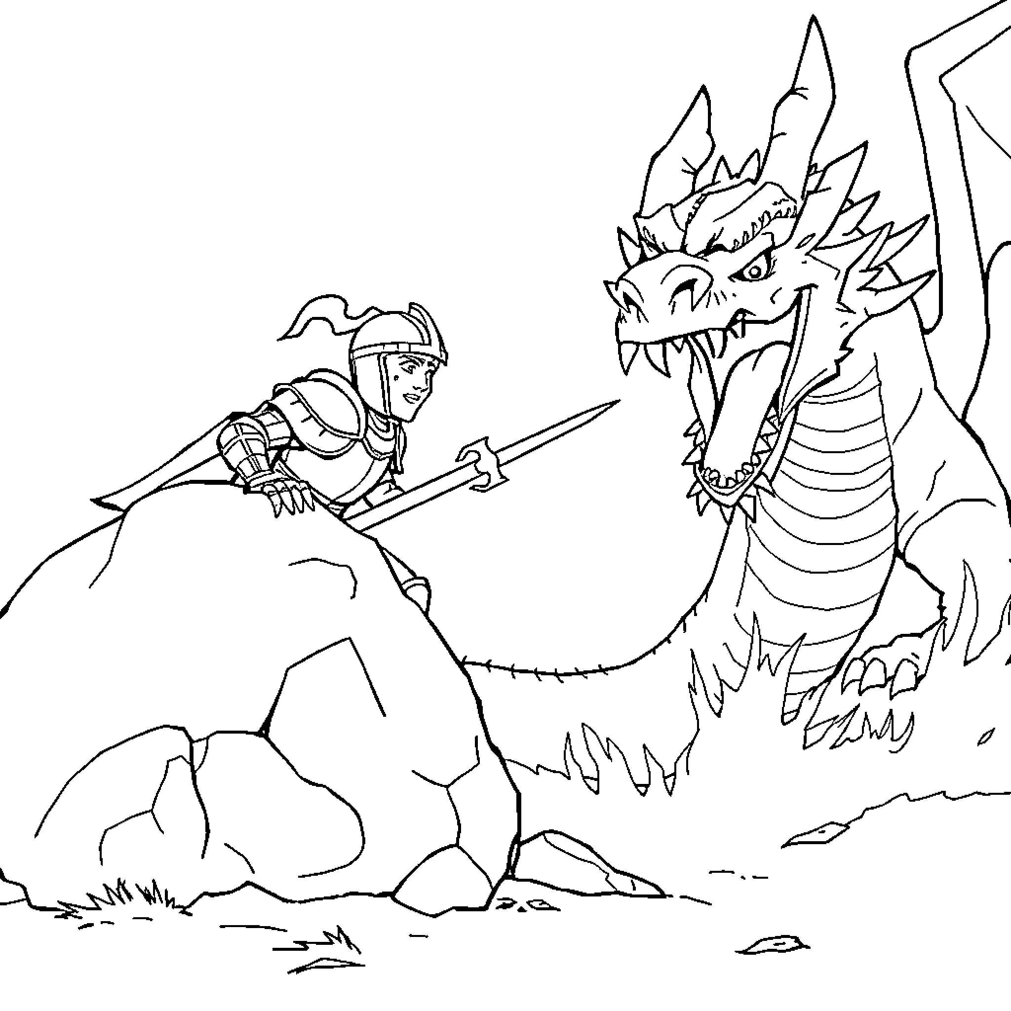 Knight Battling Fearsome Dragon Coloring Page (free black-and-white line drawing printable PDF for all, from beginners to advanced learners, including children, teens, adults, and seniors)