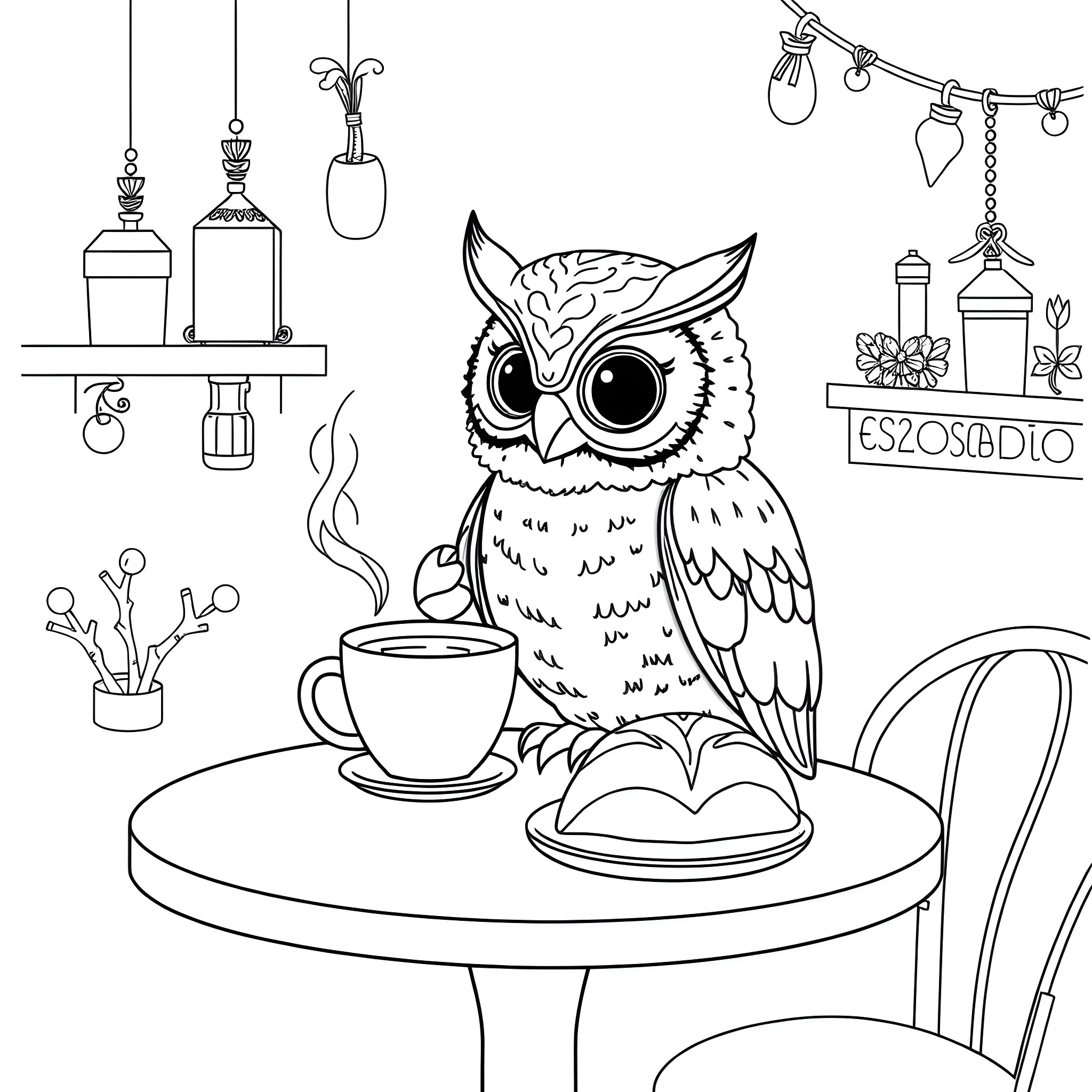 Owl Enjoying a Cup of Coffee in Cozy Cafe Coloring Page (free black-and-white line drawing printable PDF for all, from beginners to advanced learners, including children, teens, adults, and seniors)