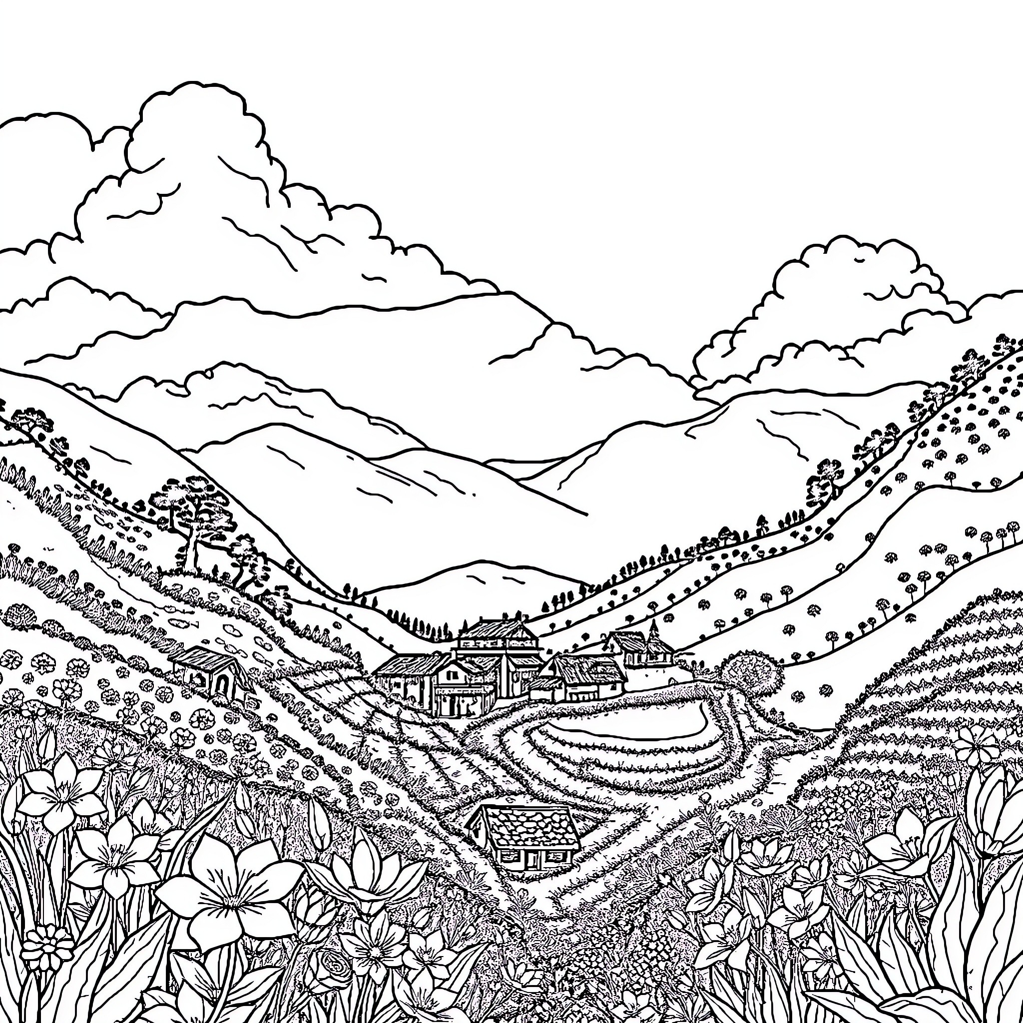 Sreebudha's Tranquil Mountain Landscape Coloring Page (free black-and-white line drawing printable PDF for all, from beginners to advanced learners, including children, teens, adults, and seniors)