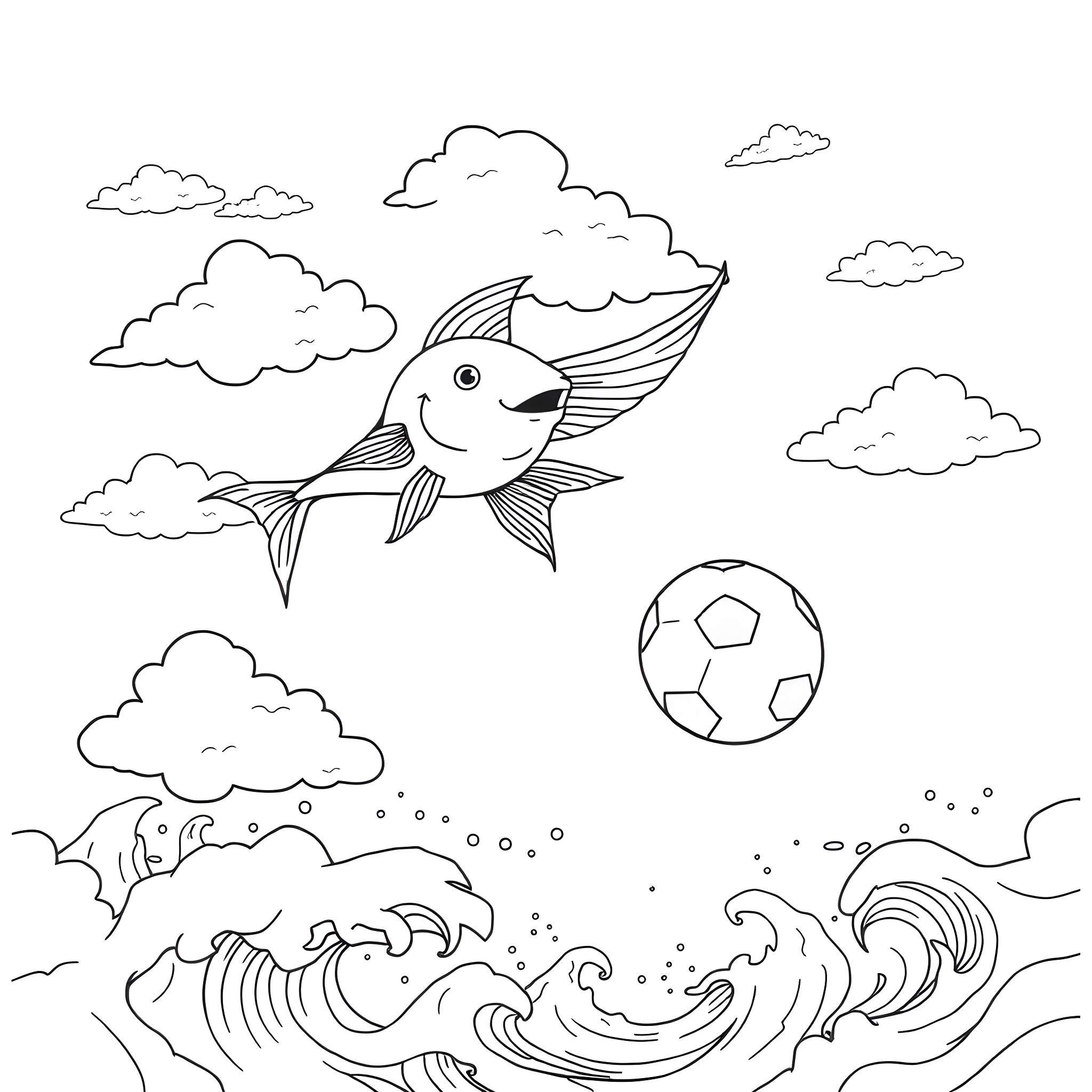 Flying Fish Playing with Soccer Ball in the Sky Coloring Page (free black-and-white line drawing printable PDF for all, from beginners to advanced learners, including children, teens, adults, and seniors)