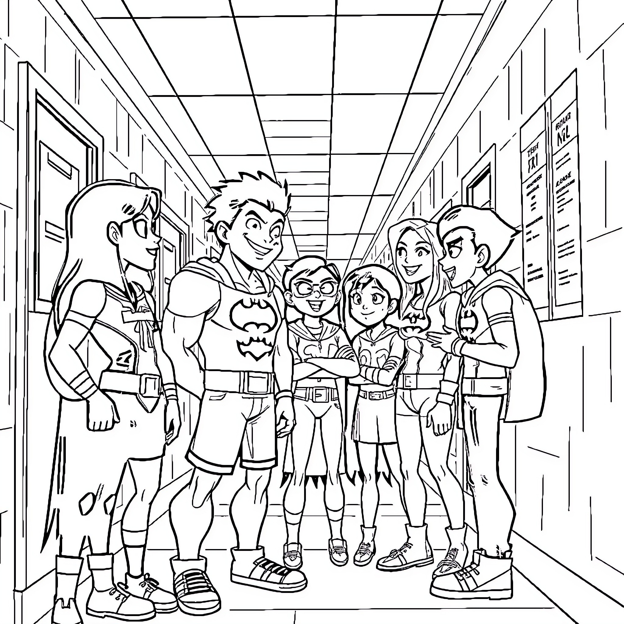 Teen Titans in School Hallway Coloring Page (free black-and-white line drawing printable PDF for all, from beginners to advanced learners, including children, teens, adults, and seniors)