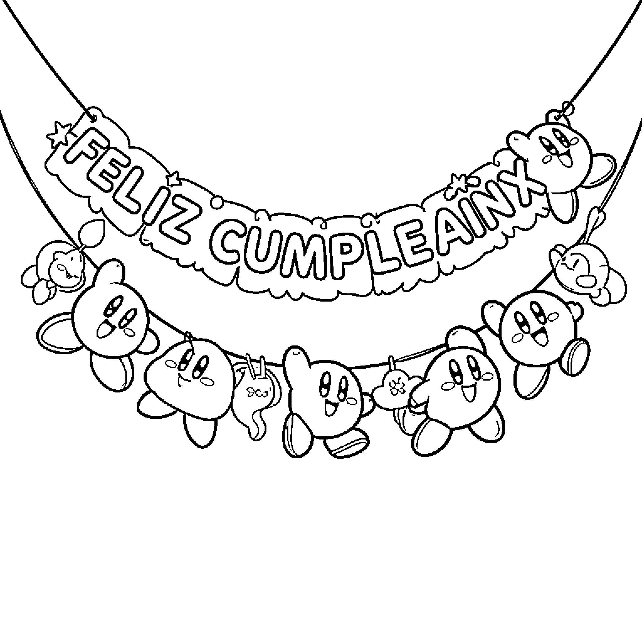 Kirby Celebrating Happy Birthday with Banner and Friends Coloring Page (free black-and-white line drawing printable PDF for all, from beginners to advanced learners, including children, teens, adults, and seniors)