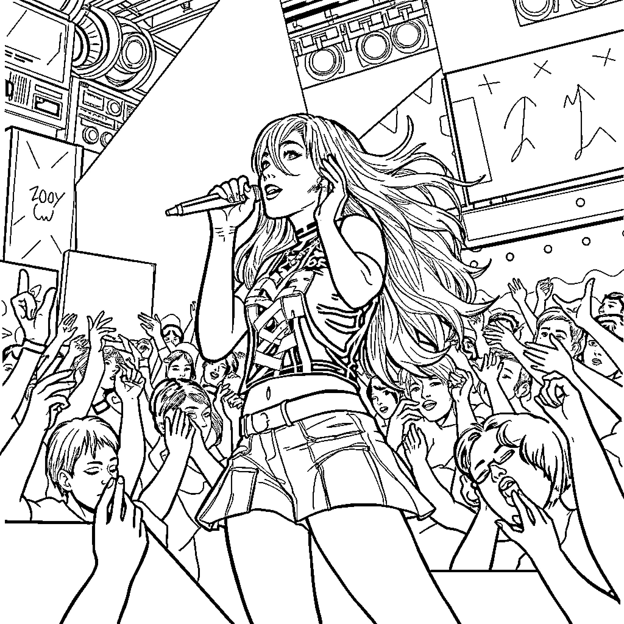 Zoey Performing on Stage with Cheering Crowd Coloring Page (free black-and-white line drawing printable PDF for all, from beginners to advanced learners, including children, teens, adults, and seniors)