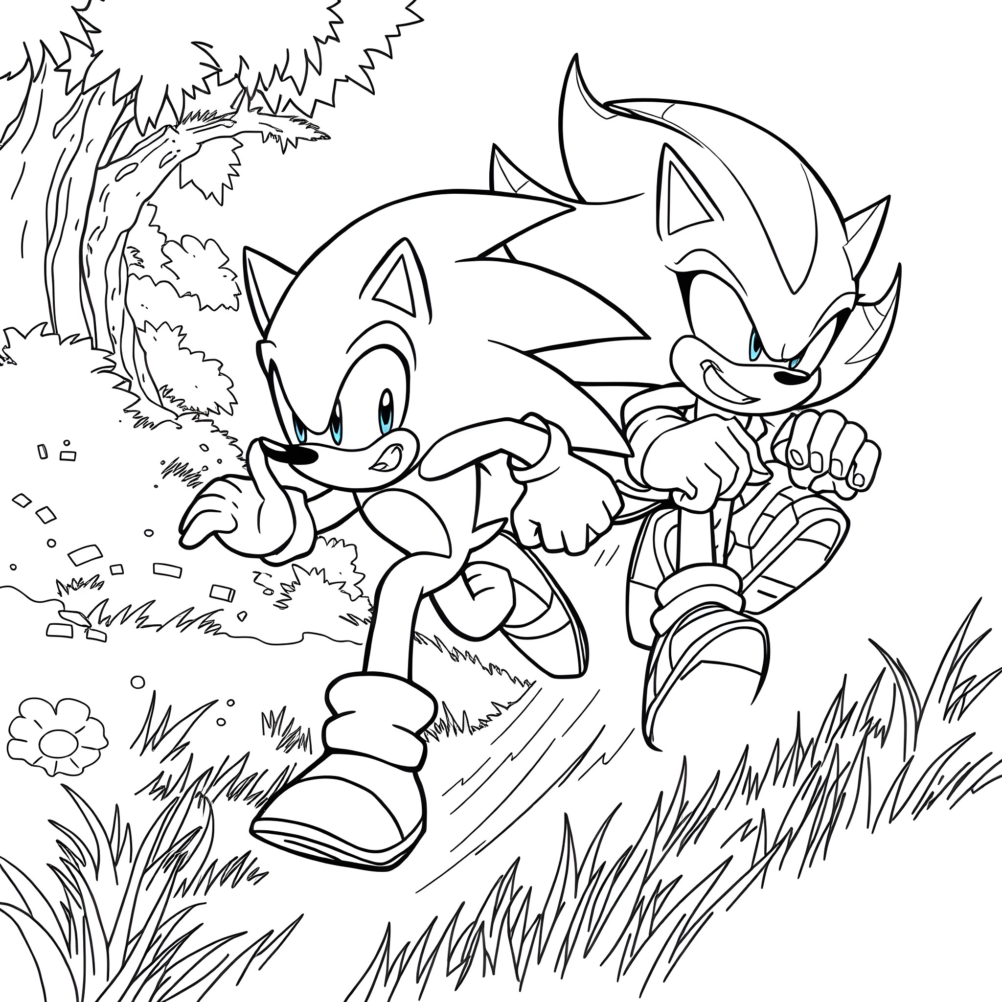 Sonic and Tails in an Outdoor Adventure Coloring Page (free black-and-white line drawing printable PDF for all, from beginners to advanced learners, including children, teens, adults, and seniors)