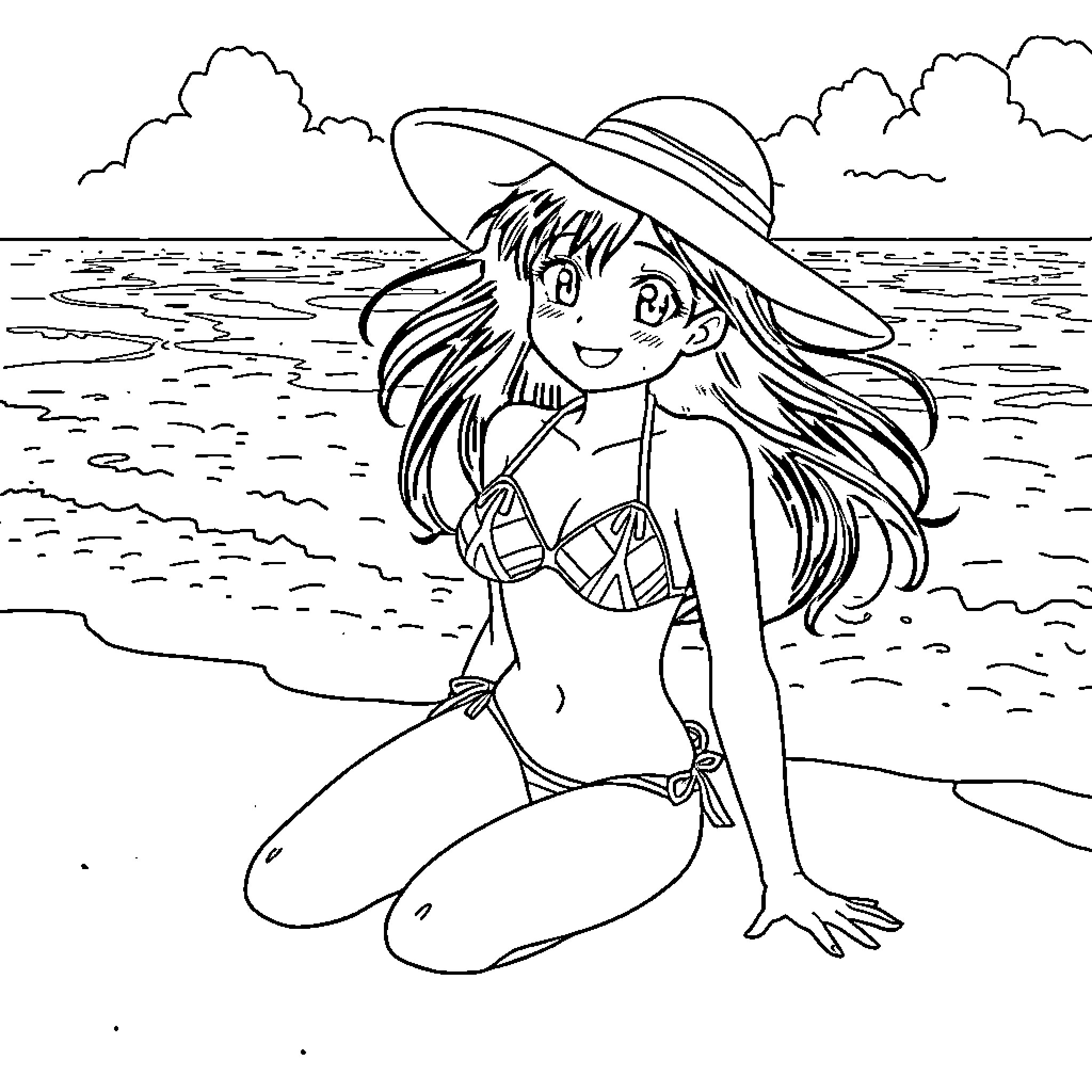 Anime Girl Relaxing on the Beach Coloring Page (free black-and-white line drawing printable PDF for all, from beginners to advanced learners, including children, teens, adults, and seniors)